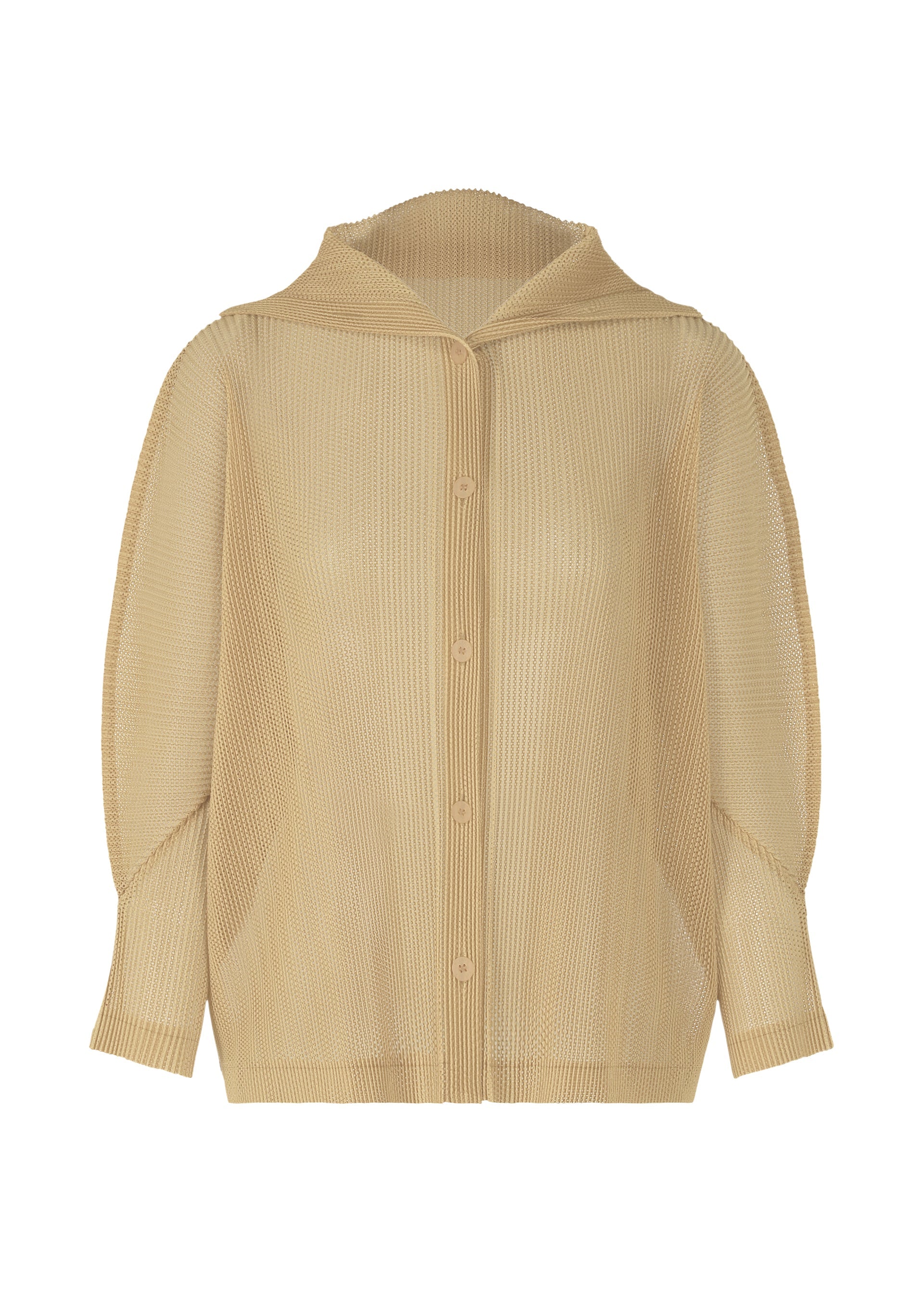 A product shot of the PLEATS PLEASE ISSEY MIYAKE TATAMI JULY cardigan in light beige.