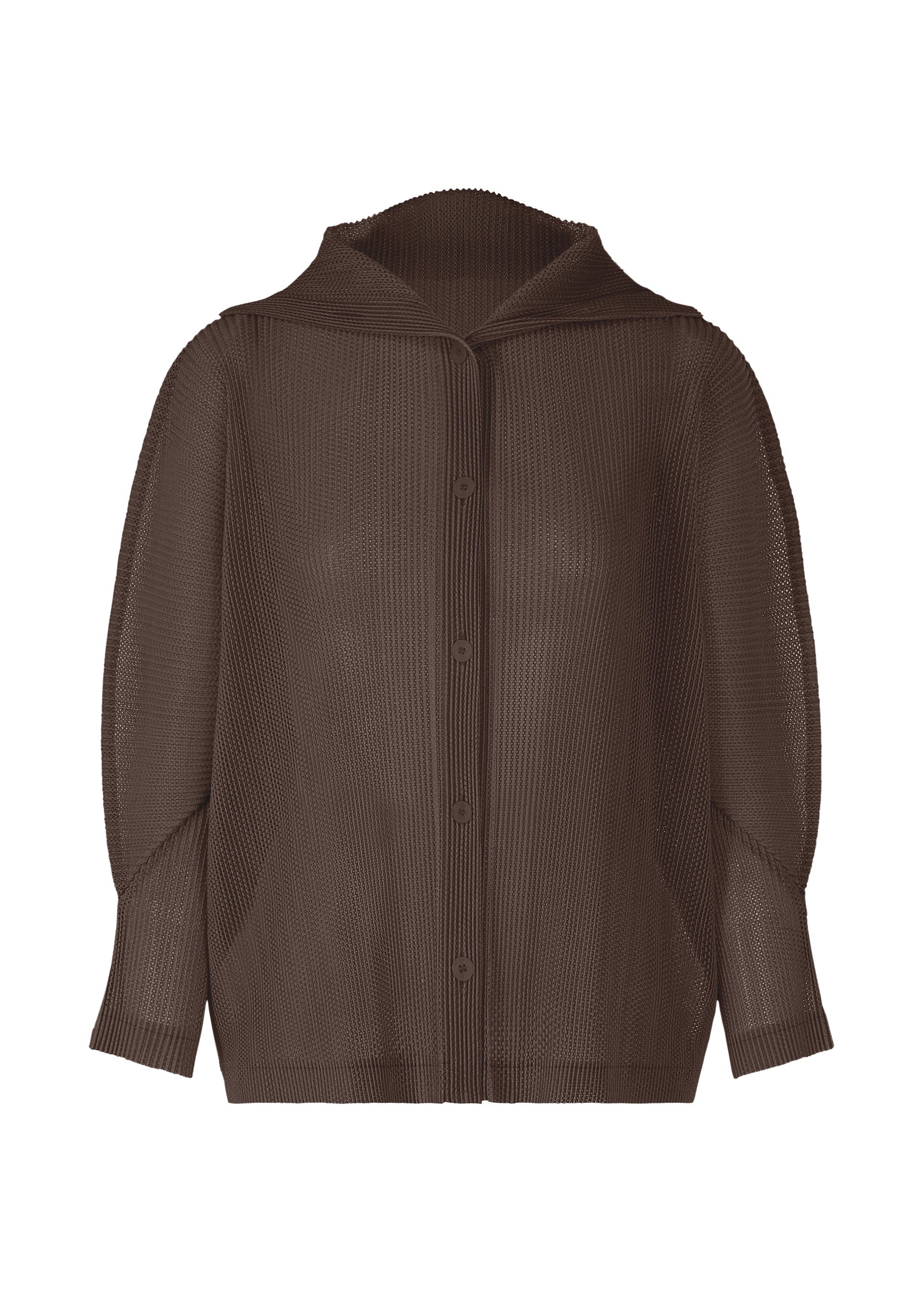 A product shot of the PLEATS PLEASE ISSEY MIYAKE TATAMI JULY cardigan in dark brown.
