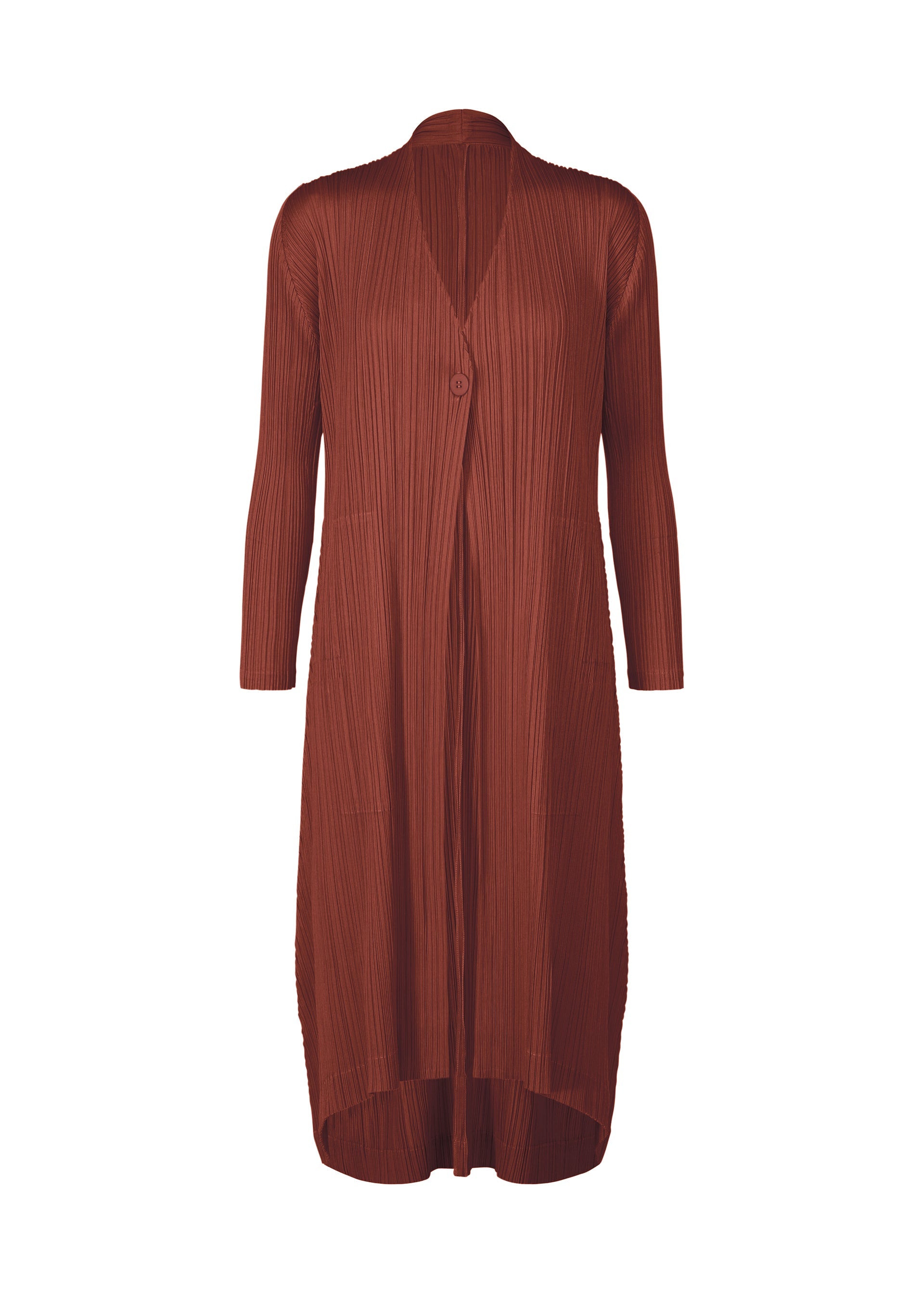 A product shot of the PLEATS PLEASE ISSEY MIYAKE MONTHLY COLORS OCTOBER coat in brown red (45).