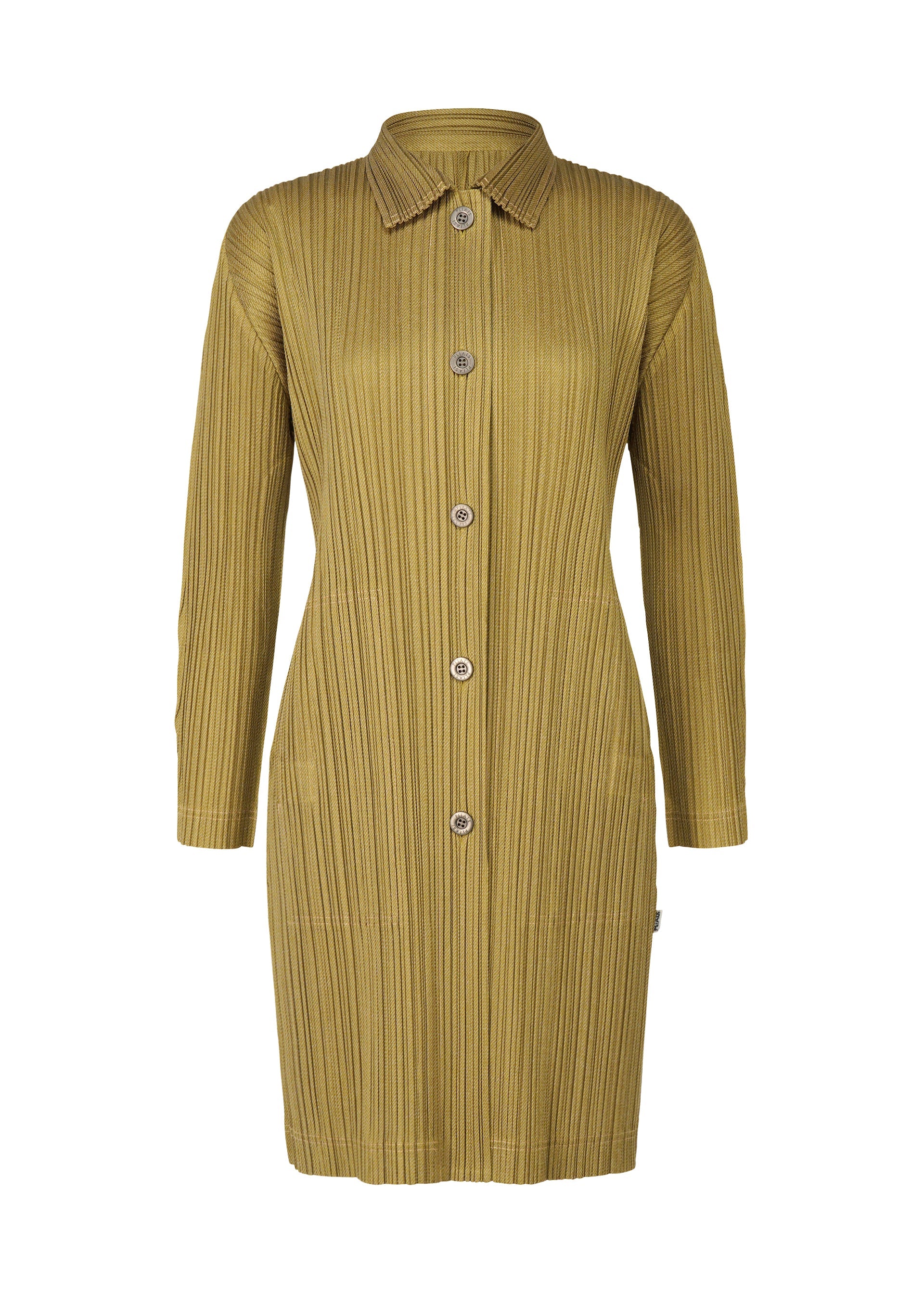 A product shot of the PLEATS PLEASE ISSEY MIYAKE COTTON DENIM coat in mustard (59).