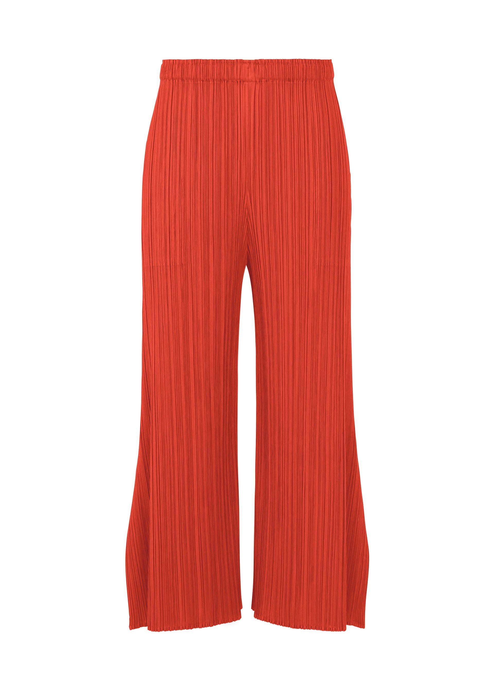 A product shot of the PLEATS PLEASE ISSEY MIYAKE MONTHLY COLORS JULY trousers in bright red.