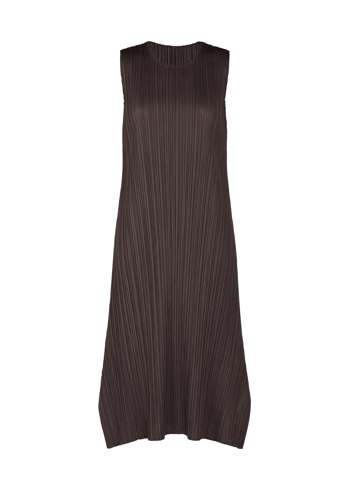 A product shot of the PLEATS PLEASE ISSEY MIYAKE MONTHLY COLORS JULY dress in dark brown.