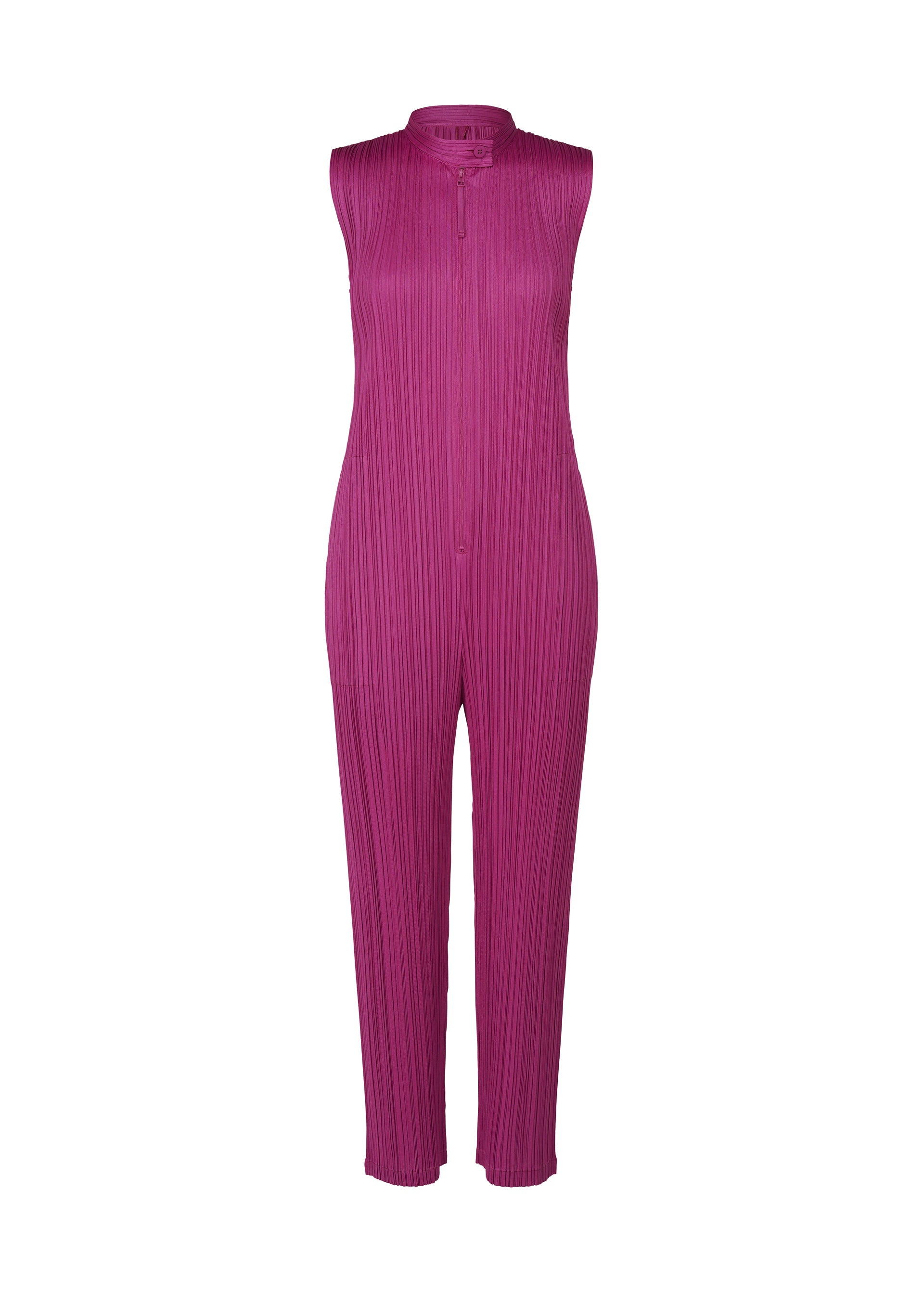 A product shot of the PLEATS PLEASE ISSEY MIYAKE MONTHLY COLORS SEPTEMBER jumpsuit in magenta (85).