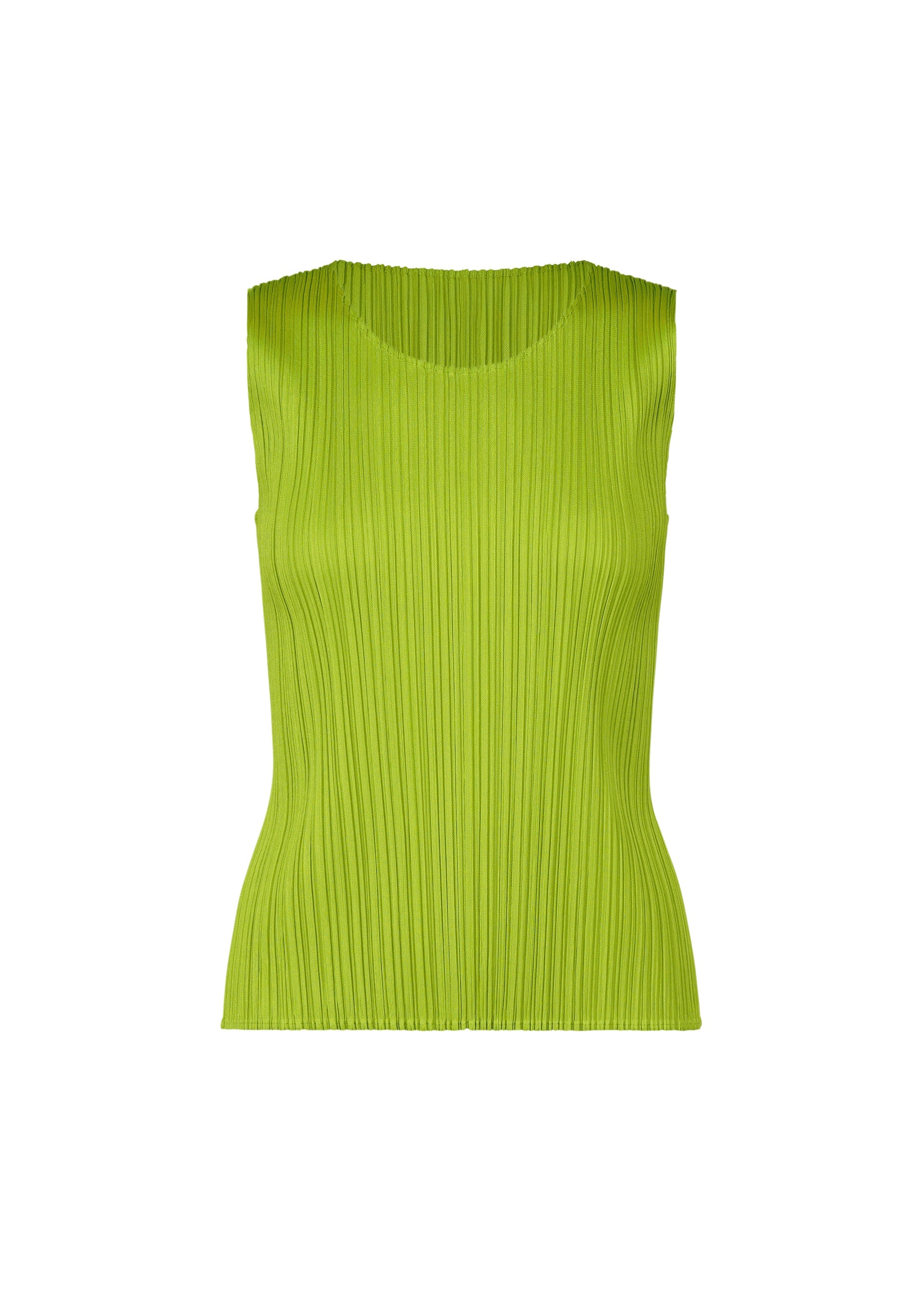 A product shot of the PLEATS PLEASE ISSEY MIYAKE MONTHLY COLORS AUGUST top in yellow green (58).