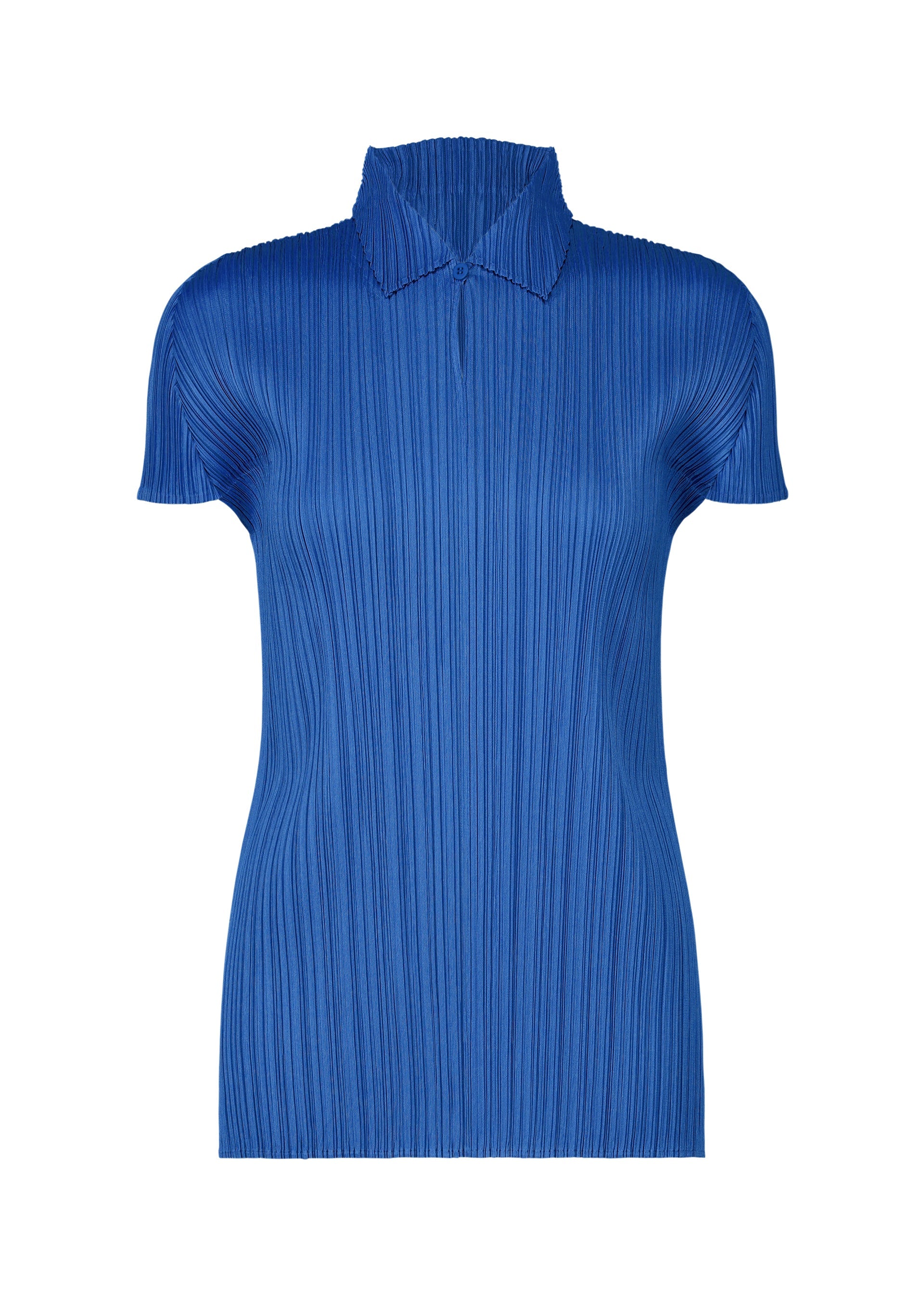 A product shot of the PLEATS PLEASE ISSEY MIYAKE MONTHLY COLORS AUGUST top in blue (72).