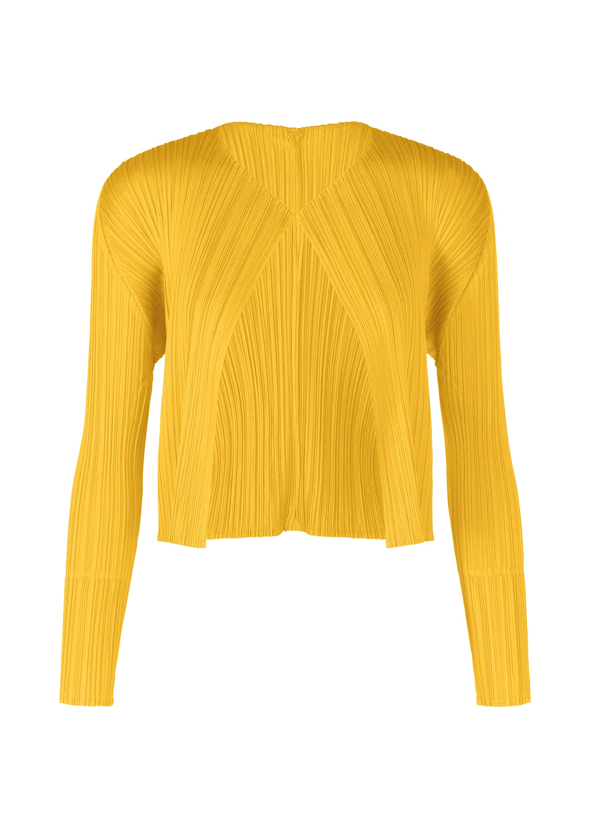 A product shot of the PLEATS PLEASE ISSEY MIYAKE MONTHLY COLORS JULY cardigan in yellow.