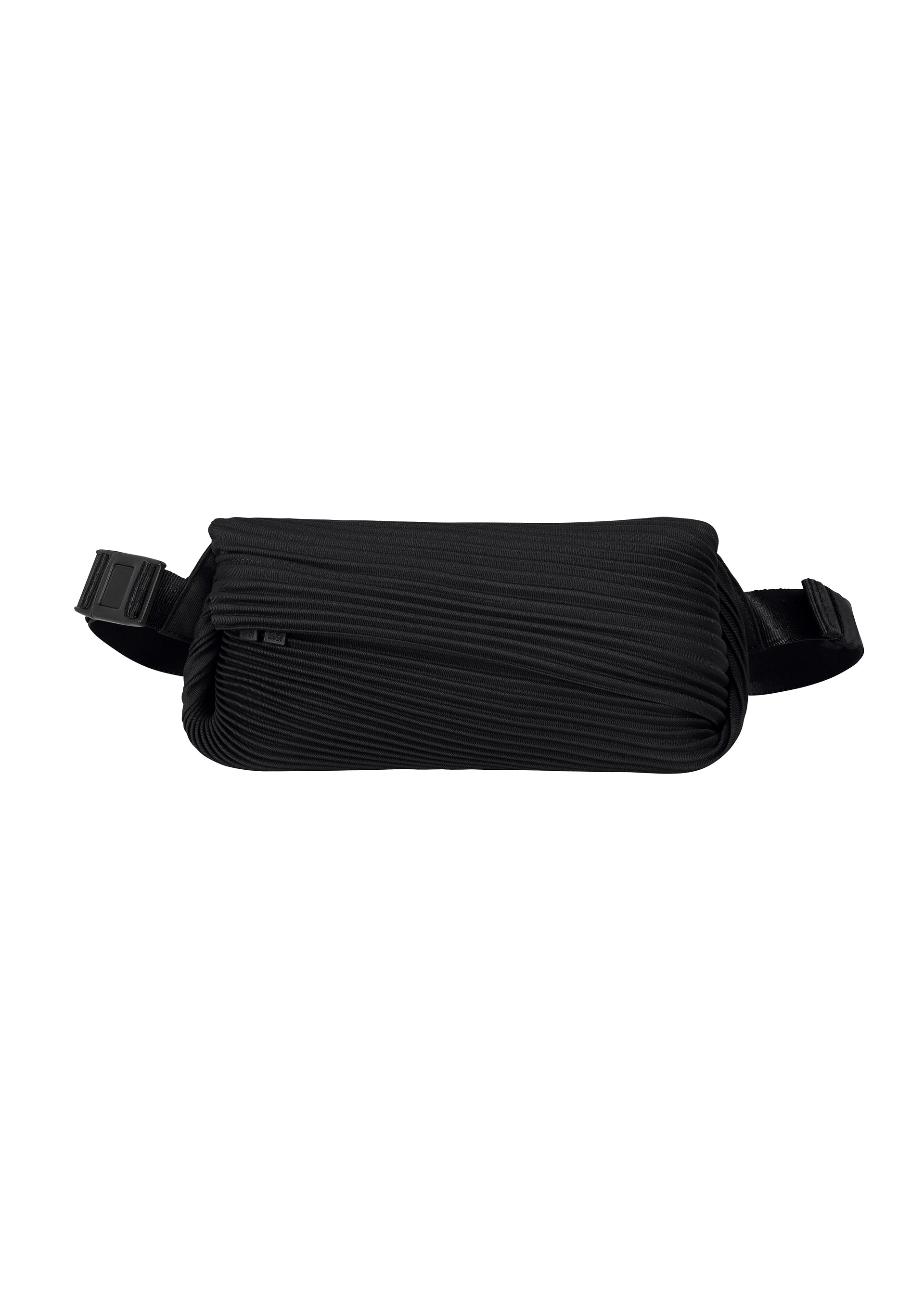 A product shot of the PLEATS PLEASE ISSEY MIYAKE BIAS PLEATS WAISTBAG bag in black.
