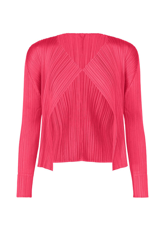 A product shot of the PLEATS PLEASE ISSEY MIYAKE MONTHLY COLORS : JUNE cardigan in bright pink.