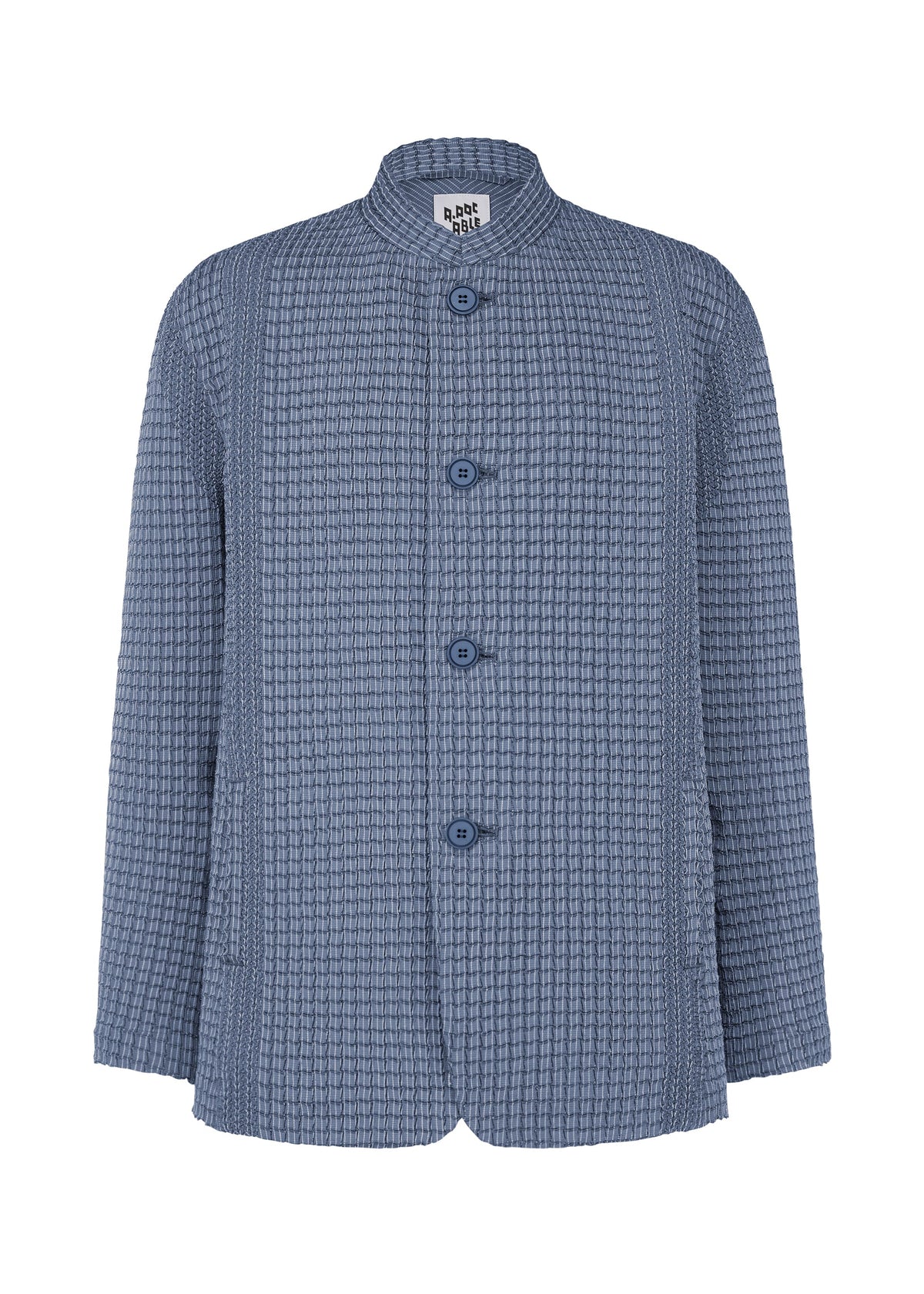 A product shot of the A-POC ABLE ISSEY MIYAKE TYPE-O 014 jacket in steel blue.