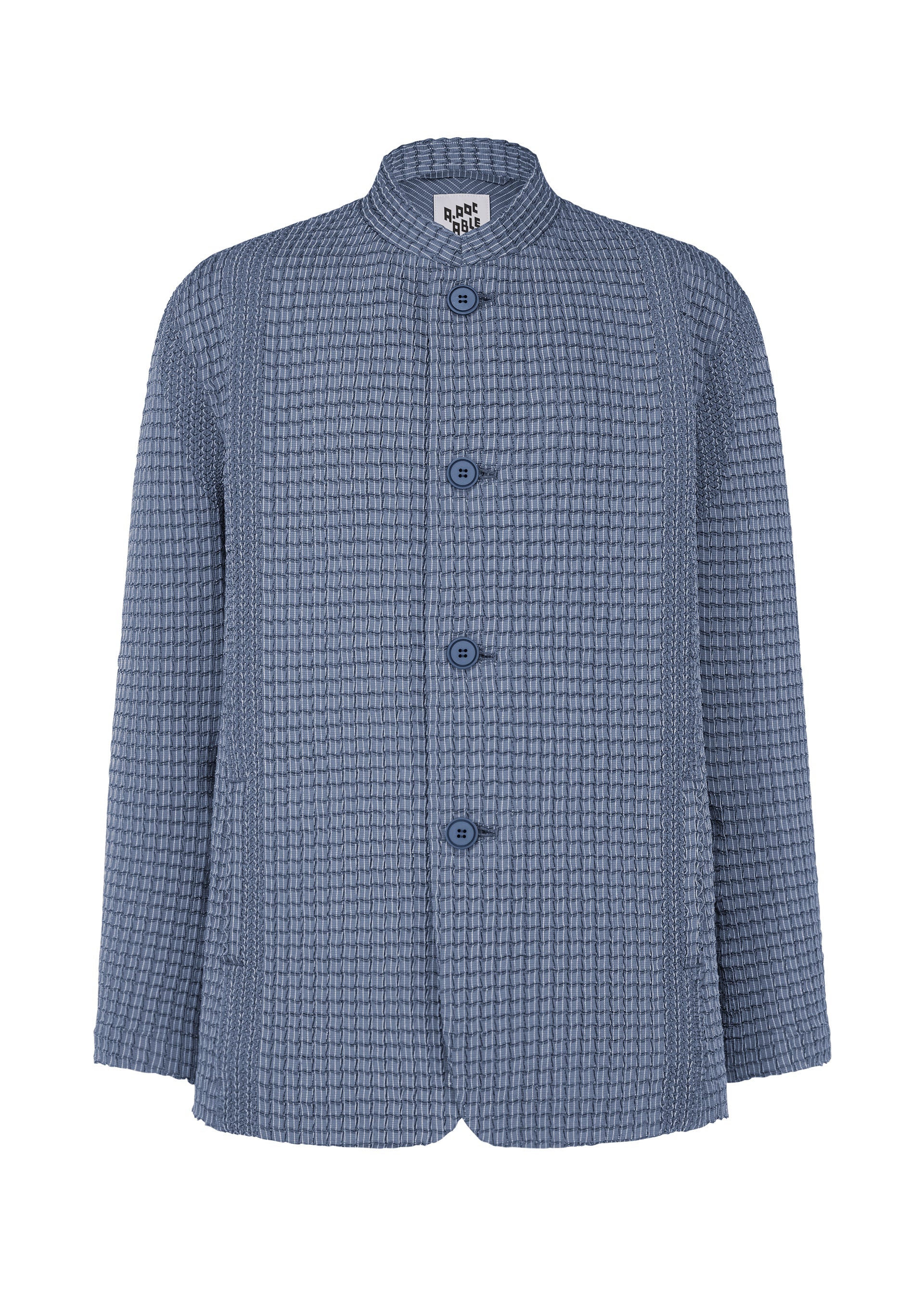 A product shot of the A-POC ABLE ISSEY MIYAKE TYPE-O 014 jacket in steel blue.