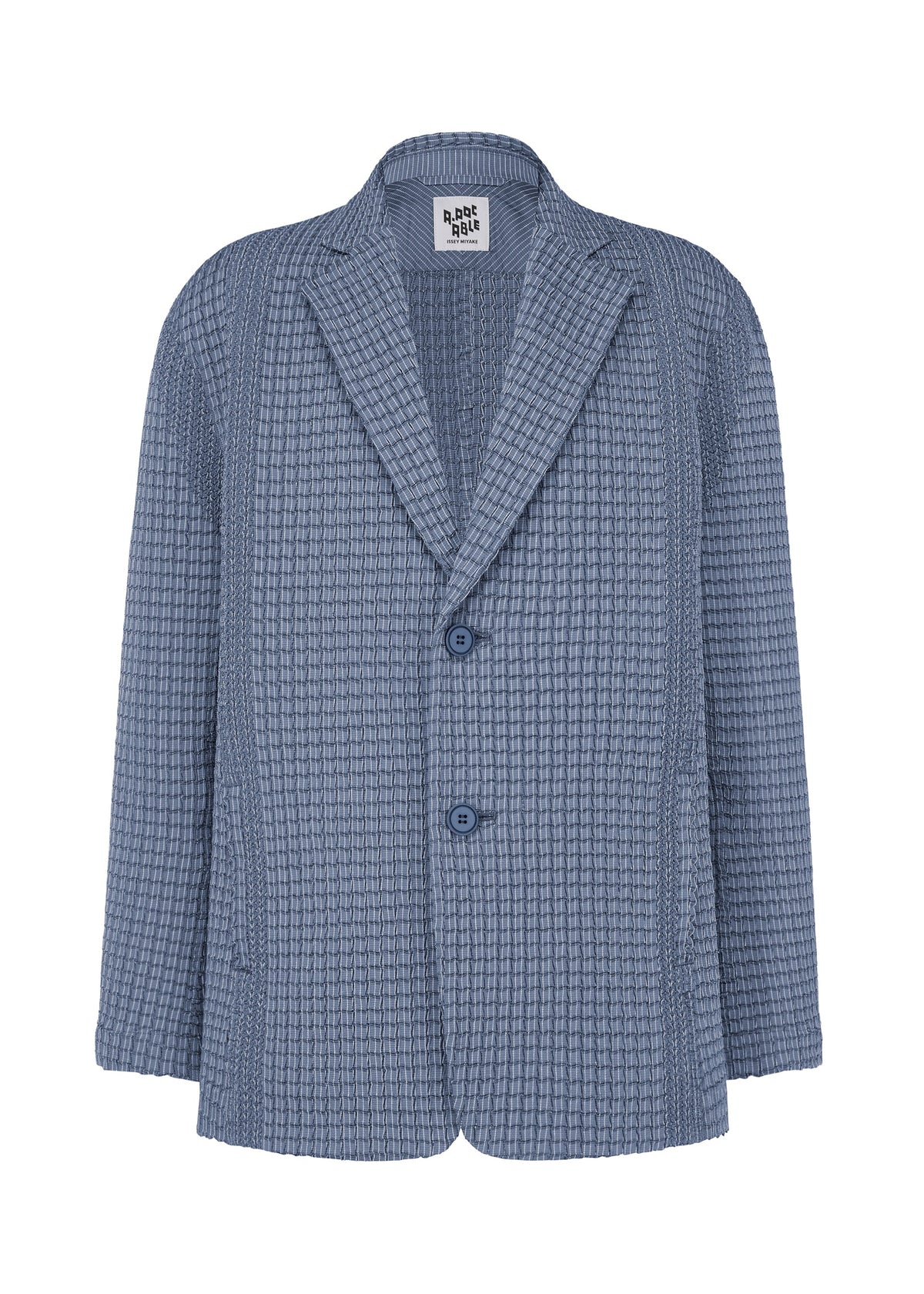 A product shot of the A-POC ABLE ISSEY MIYAKE TYPE-O 014 jacket in steel blue.
