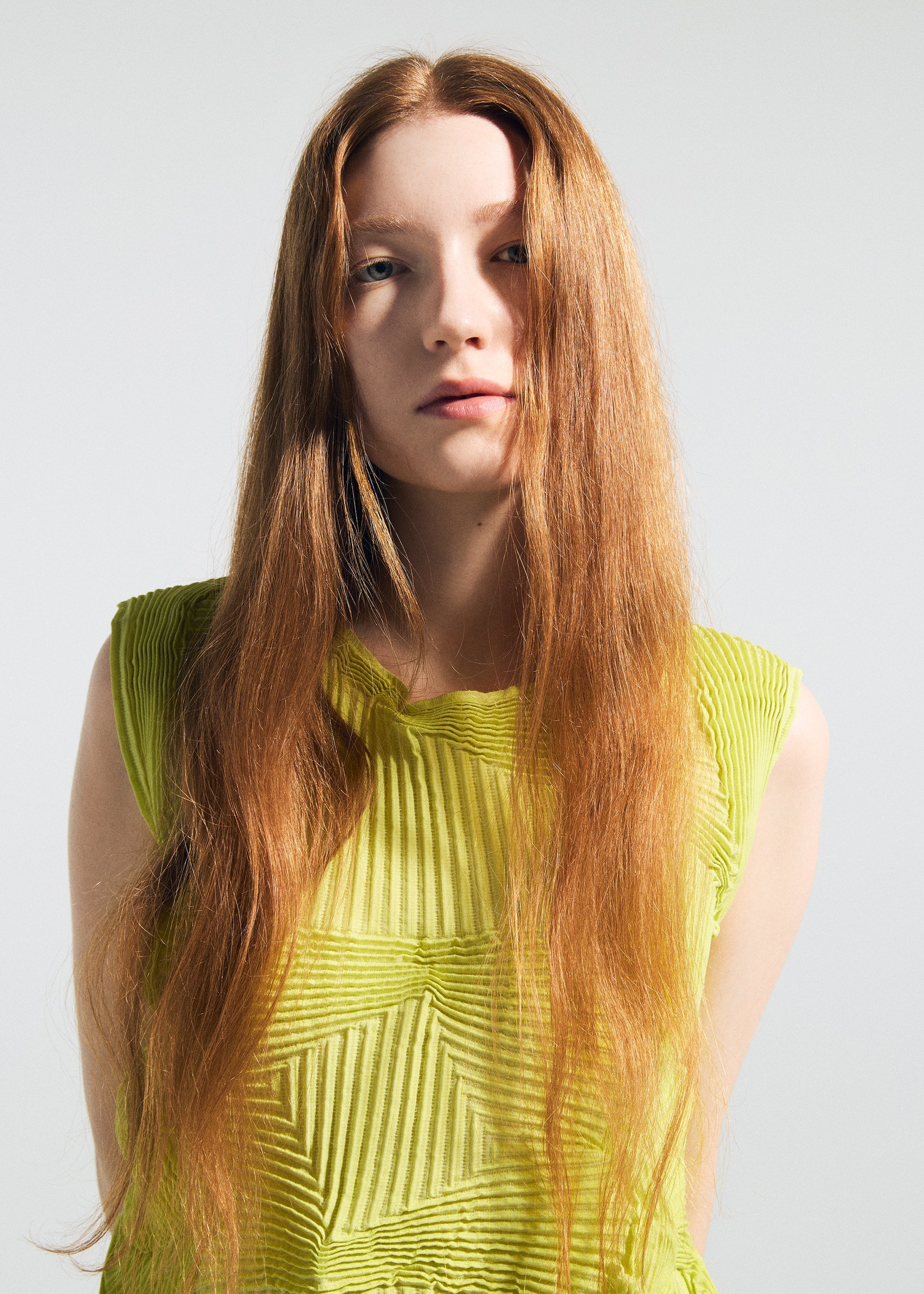 A model wears the A-POC ABLE ISSEY MIYAKE TYPE-O 022 type-o-022-shirt-natural-color.