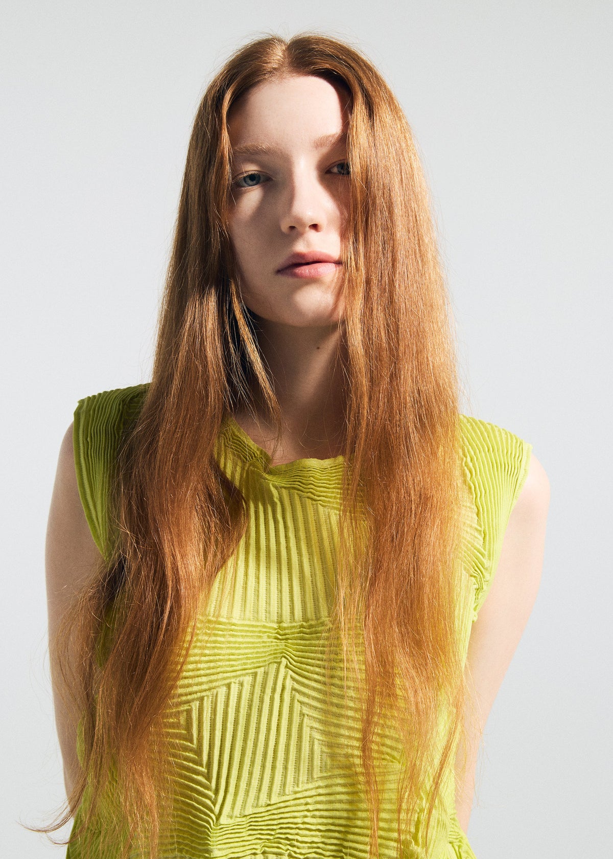 A model wears the A-POC ABLE ISSEY MIYAKE TYPE-O 022 type-o-022-shirt-lime-green.