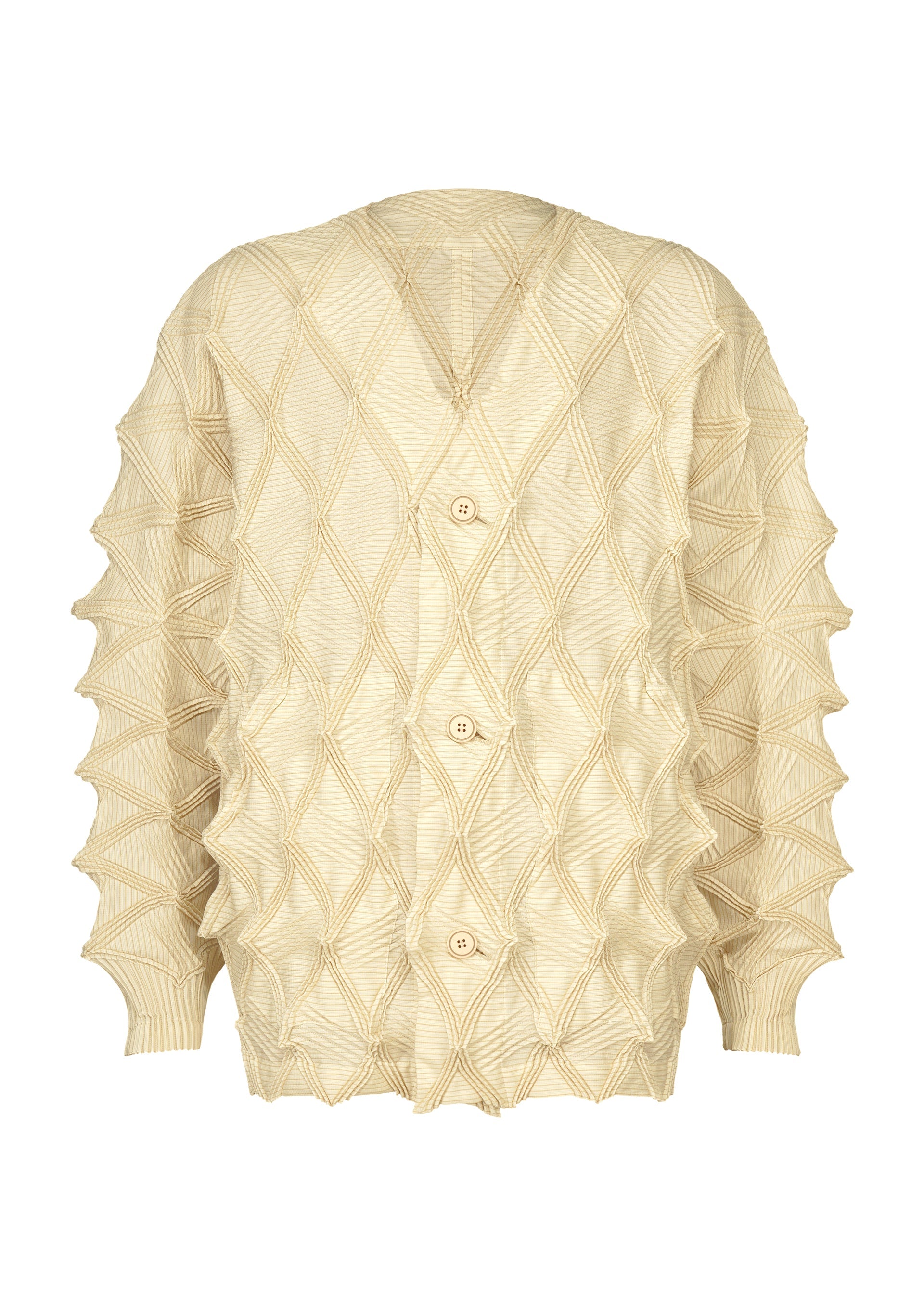 A product shot of the A-POC ABLE ISSEY MIYAKE TYPE-O 023 cardigan in ivory-hued.