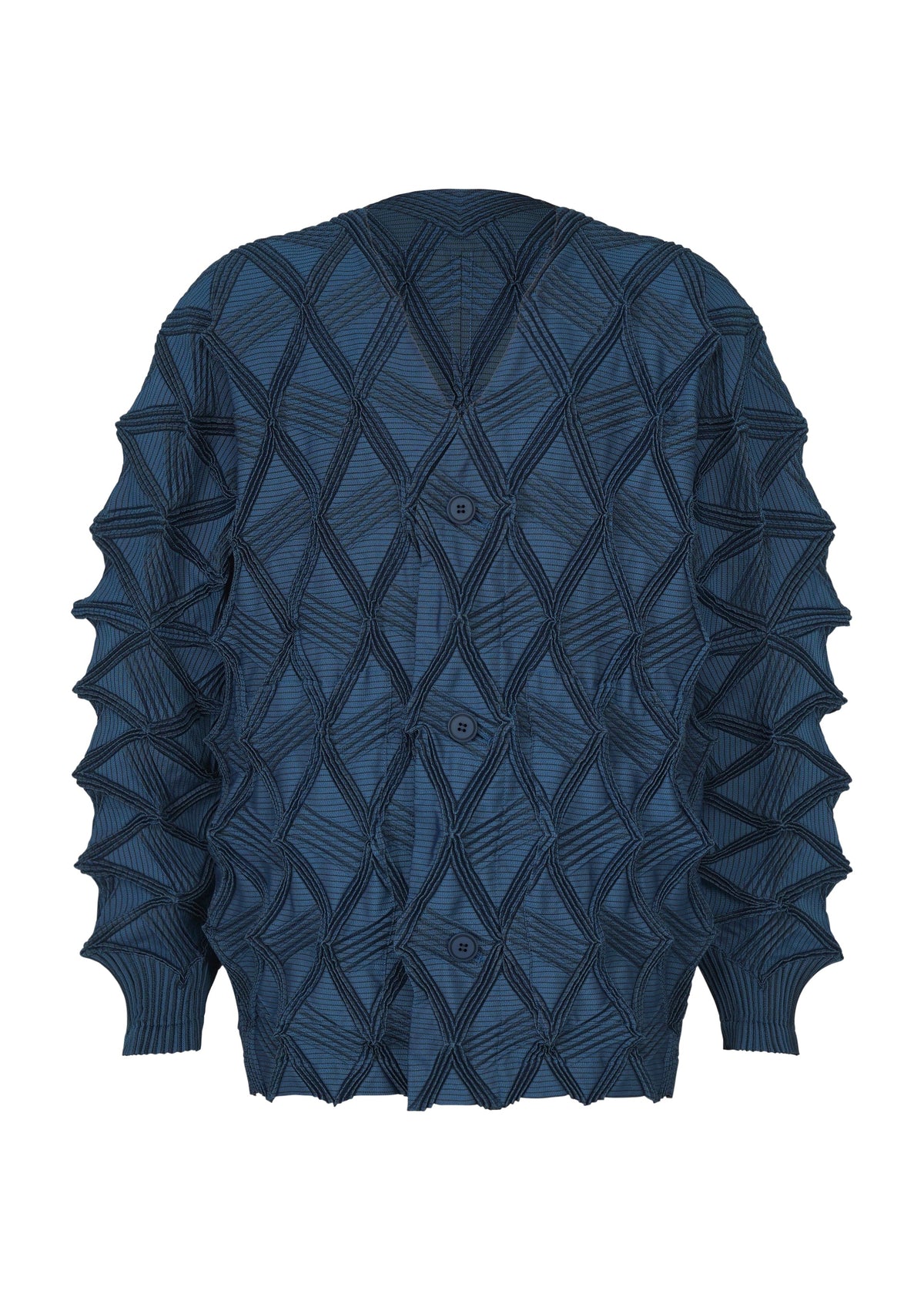 A product shot of the A-POC ABLE ISSEY MIYAKE TYPE-O 023 cardigan in dark blue.