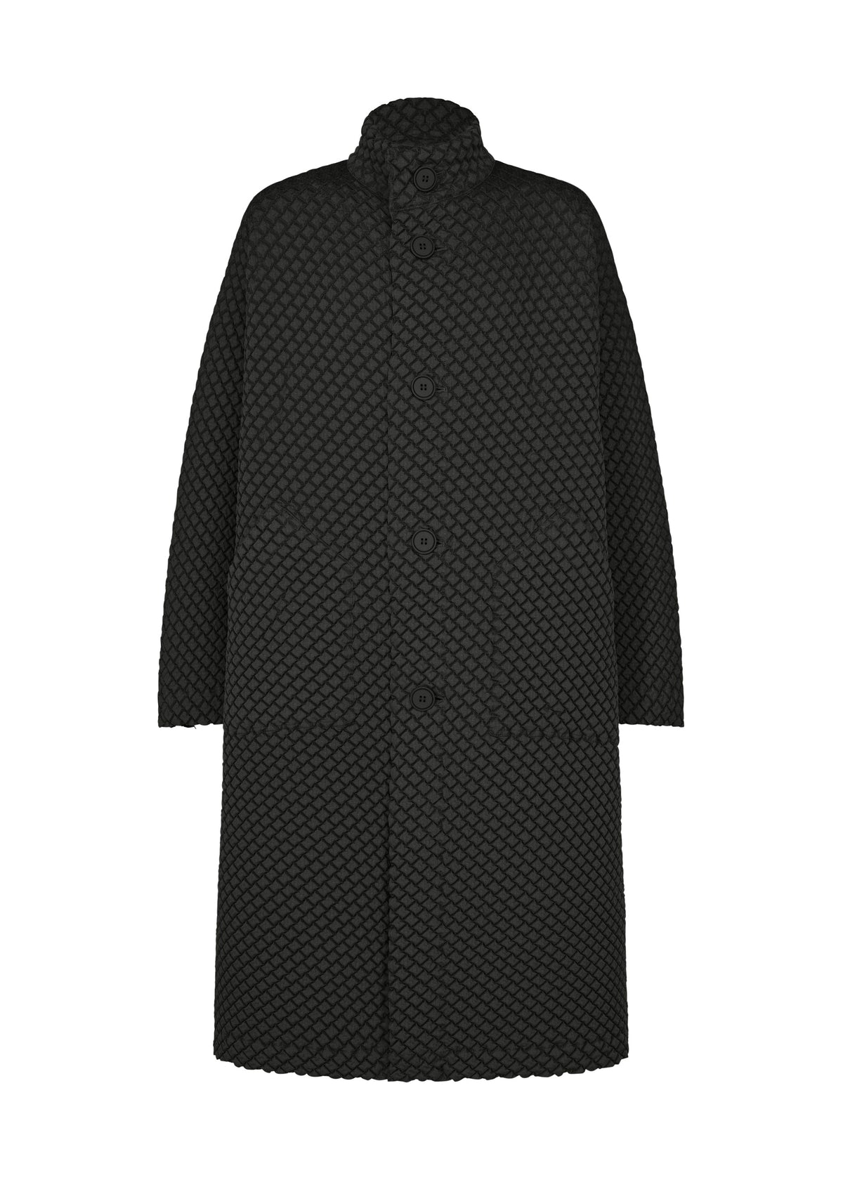 A product shot of the A-POC ABLE ISSEY MIYAKE TYPE-O 024 coat in black.