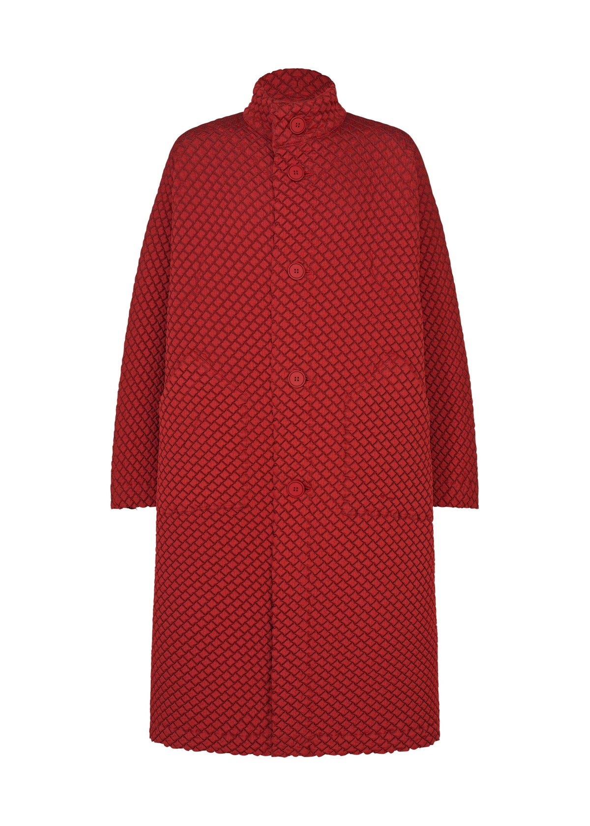A product shot of the A-POC ABLE ISSEY MIYAKE TYPE-O 024 coat in red.