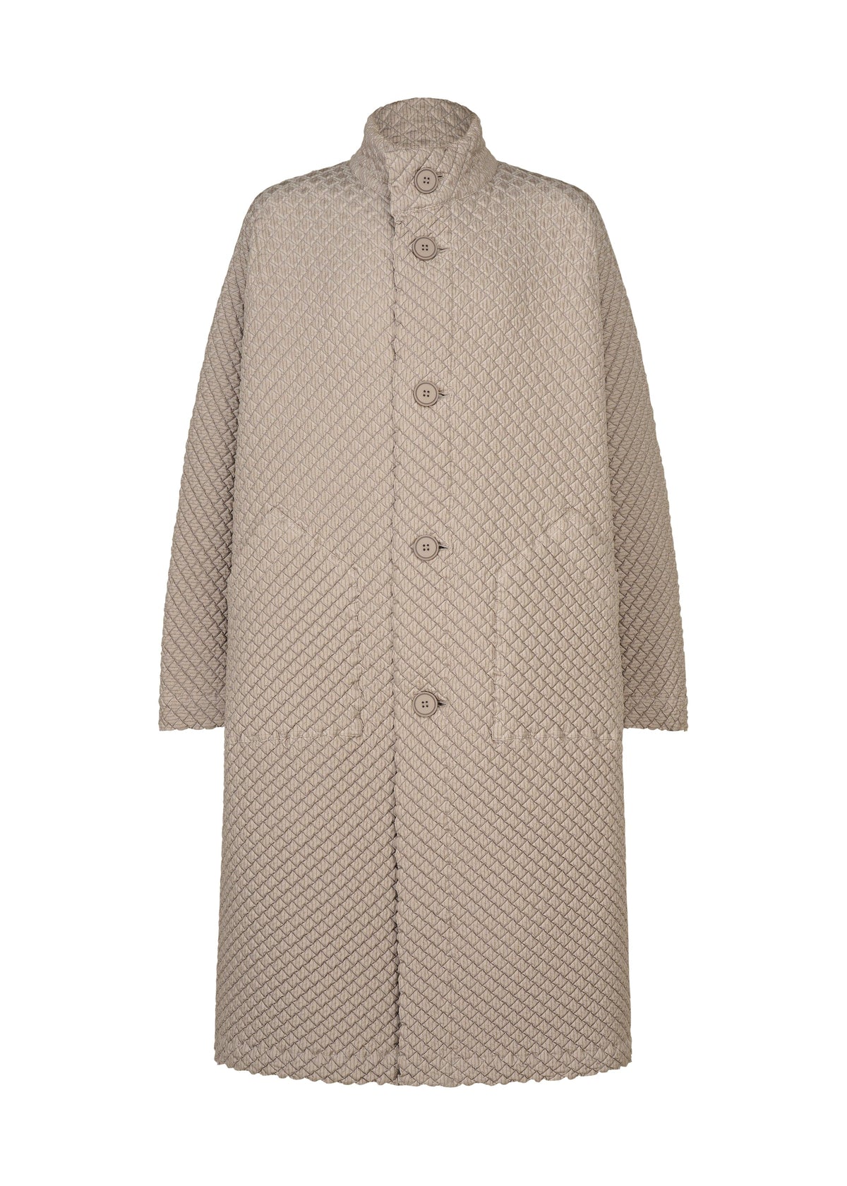 A product shot of the A-POC ABLE ISSEY MIYAKE TYPE-O 024 coat in beige.