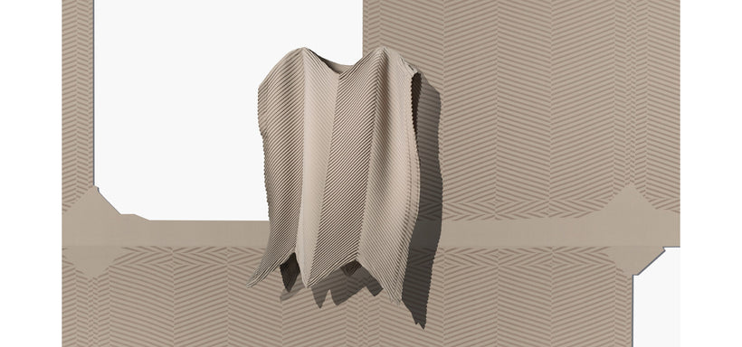 Centre: TYPE-P 004 top in Dark Beige suspended mid-air. Background: Dark Beige fabric featuring a cut out top pattern.