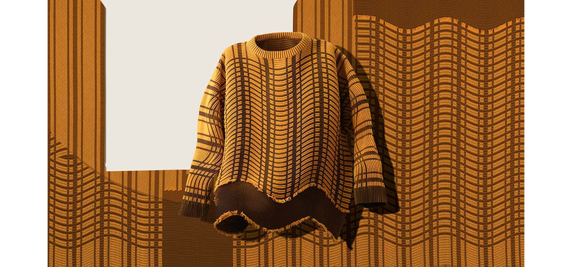 Centre: TYPE-W 010 Top in Orange-Hued suspended mid-air. Background: Orange-Hued fabric featuring a cut out pattern against a white background.