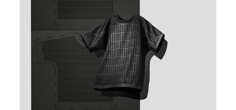 Centre: TYPE-E 001 Top in Black, suspended mid-air against textured black fabric with a defined pattern.