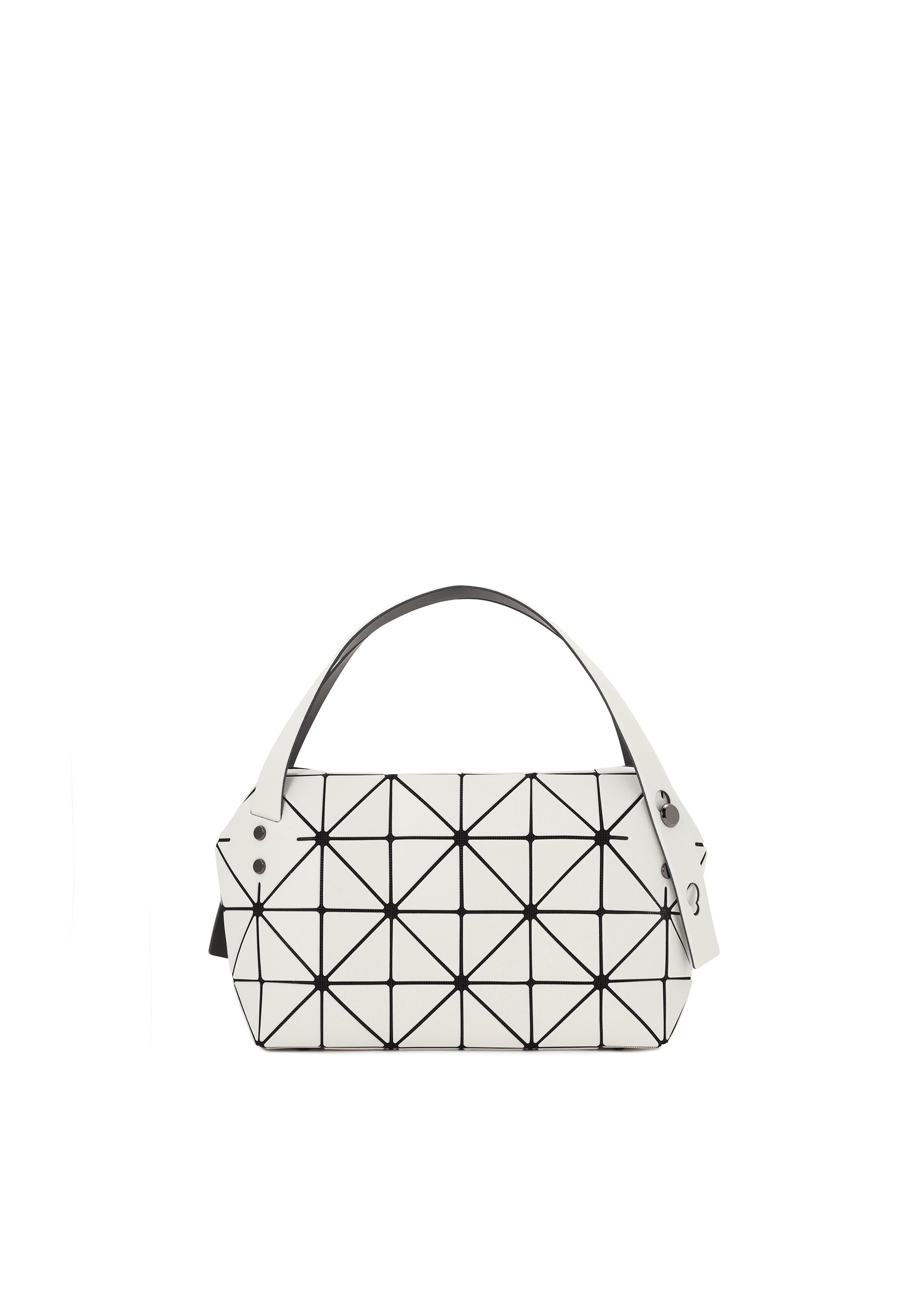 A product shot of the BAO BAO ISSEY MIYAKE BOSTON handbag in off white.
