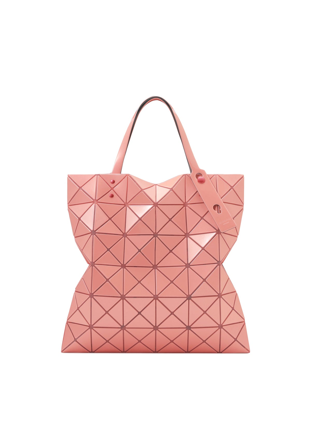 A product shot of the BAO BAO ISSEY MIYAKE LUCENT ONE-TONE tote in sunset coral.