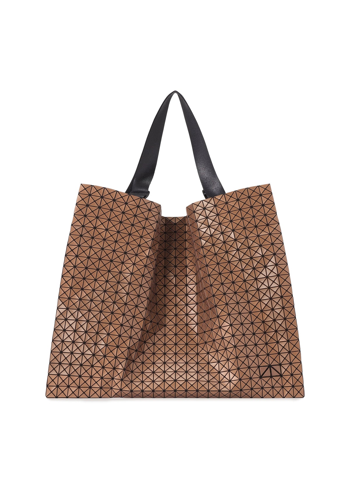 A product shot of the BAO BAO ISSEY MIYAKE CART REFLECTOR tote in copper brown.