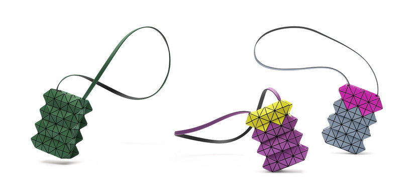 Centre: GROWTH Shoulder Bag in Forest Green, Pink x Light Blue and Yellow x Purple suspended in mid-air against a white background.