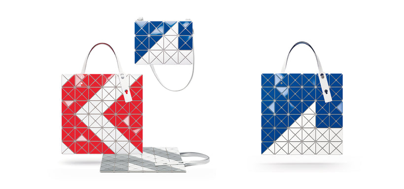 Centre: SIGN Tote in Red and Blue and SIGN Shoulder Bag in Blue suspended mid-air against a white background.