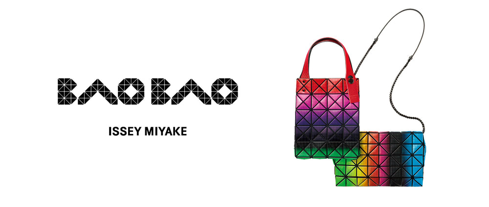 Left: BAO BAO ISSEY MIYAKE logo in black. Right: MAGIC HOUR Tote in Red Base and MAGIC HOUR Crossbody in Light Green Base. White background.