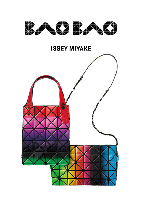 Top: BAO BAO ISSEY MIYAKE logo in black. Bottom: MAGIC HOUR Tote in Red Base and MAGIC HOUR Crossbody in Light Green Base. White background. 