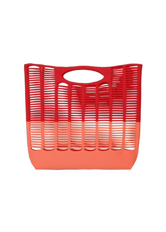 A product shot of the GOOD GOODS ISSEY MIYAKE MOKKO BI COLOR bag in red x coral pink.