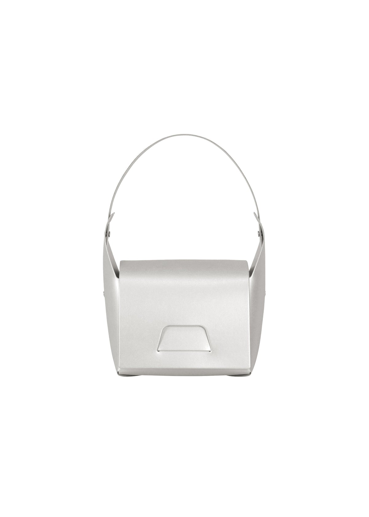 A product shot of the GOOD GOODS ISSEY MIYAKE BOX handbag in silver.