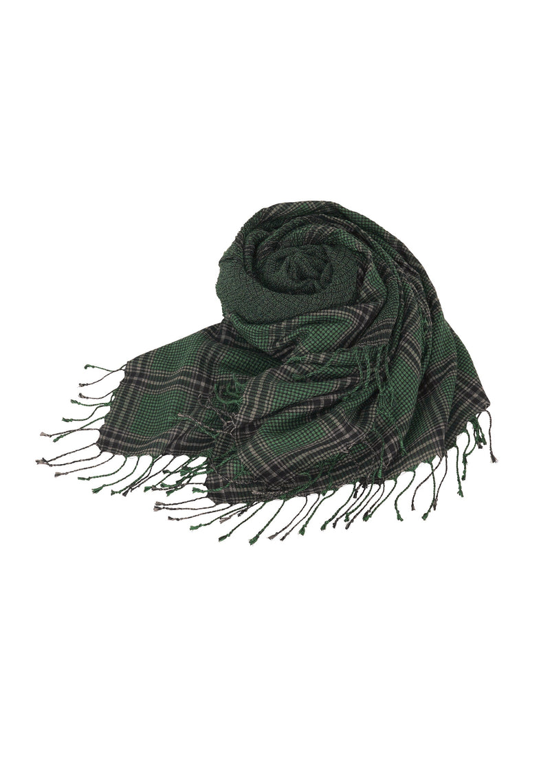 A product shot of the HAAT CRAPE TARTAN STOLE stole in green (62).