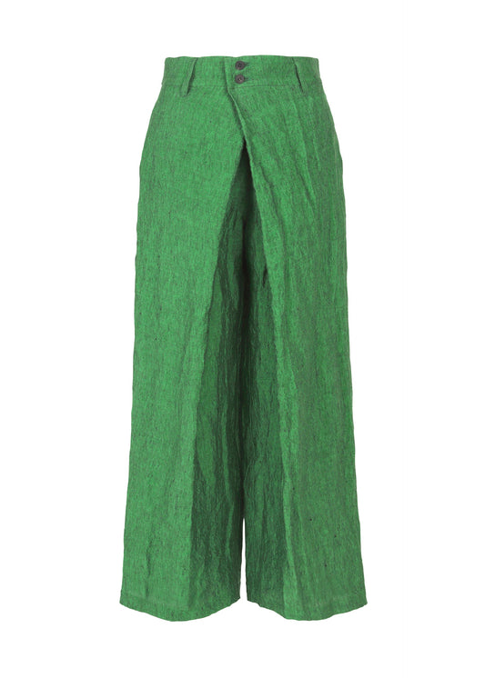 A product shot of the HAAT GLOSSY LINEN trousers in green (62).