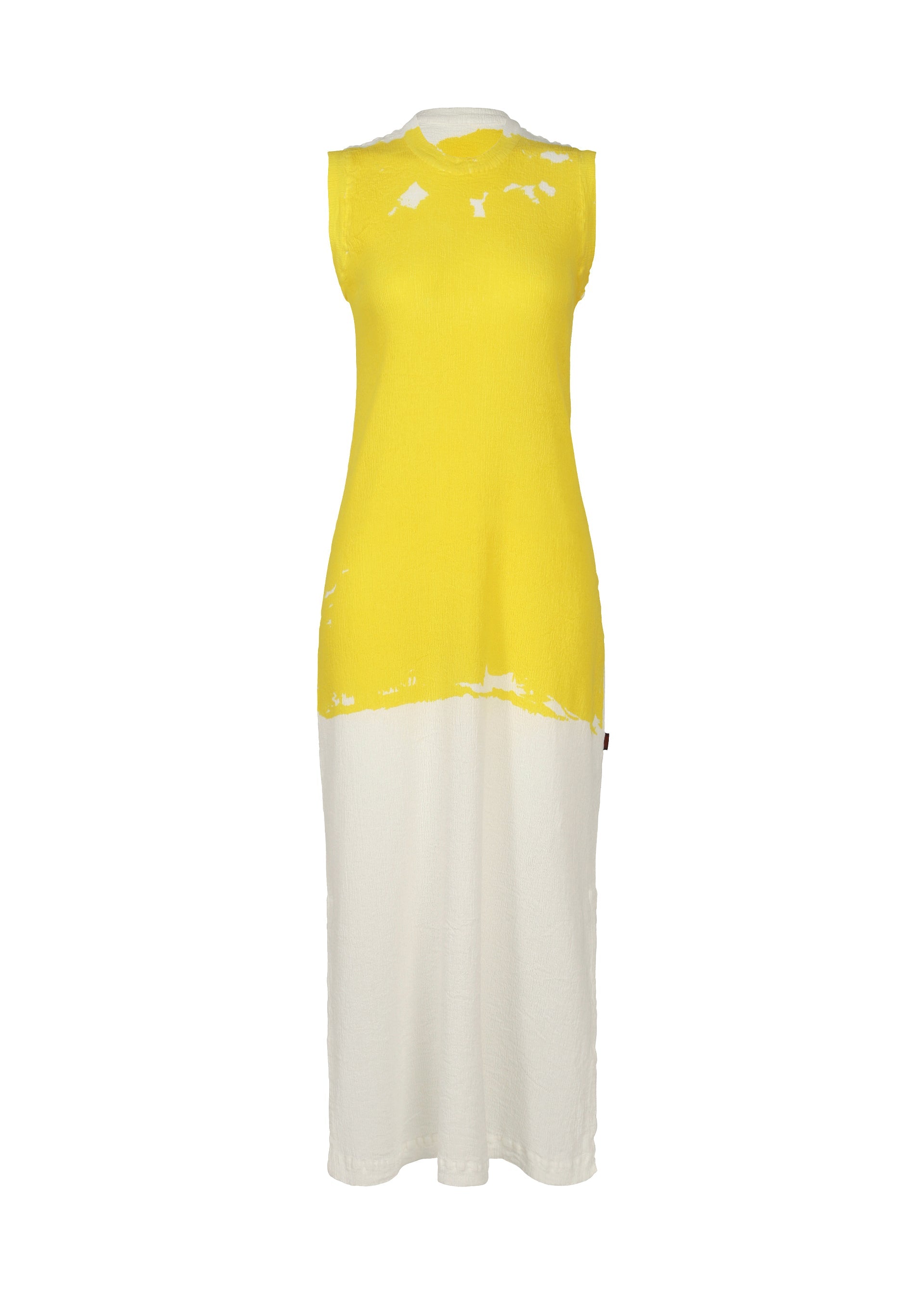 A product shot of the HAAT KYO CHIJIMI OVER PRINT dress in yellow (52).