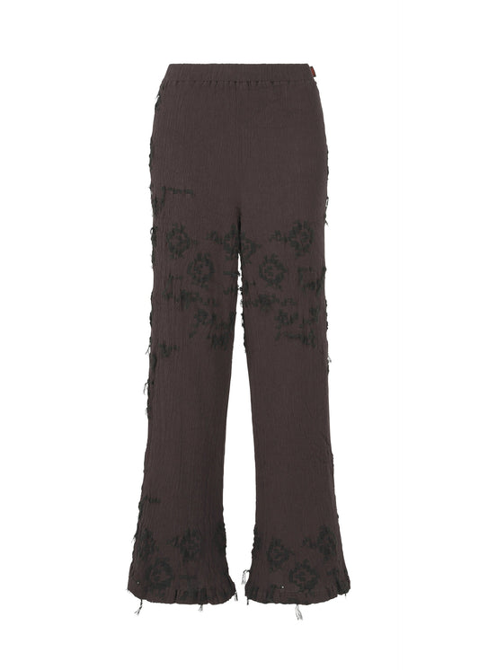 A product shot of the HAAT KYO CHIJIMI CUT LOOP trousers in dark brown (45).
