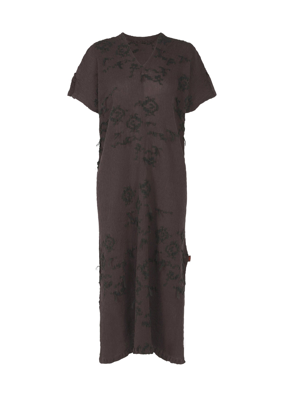 A product shot of the HAAT KYO CHIJIMI CUT LOOP dress in dark brown (45).