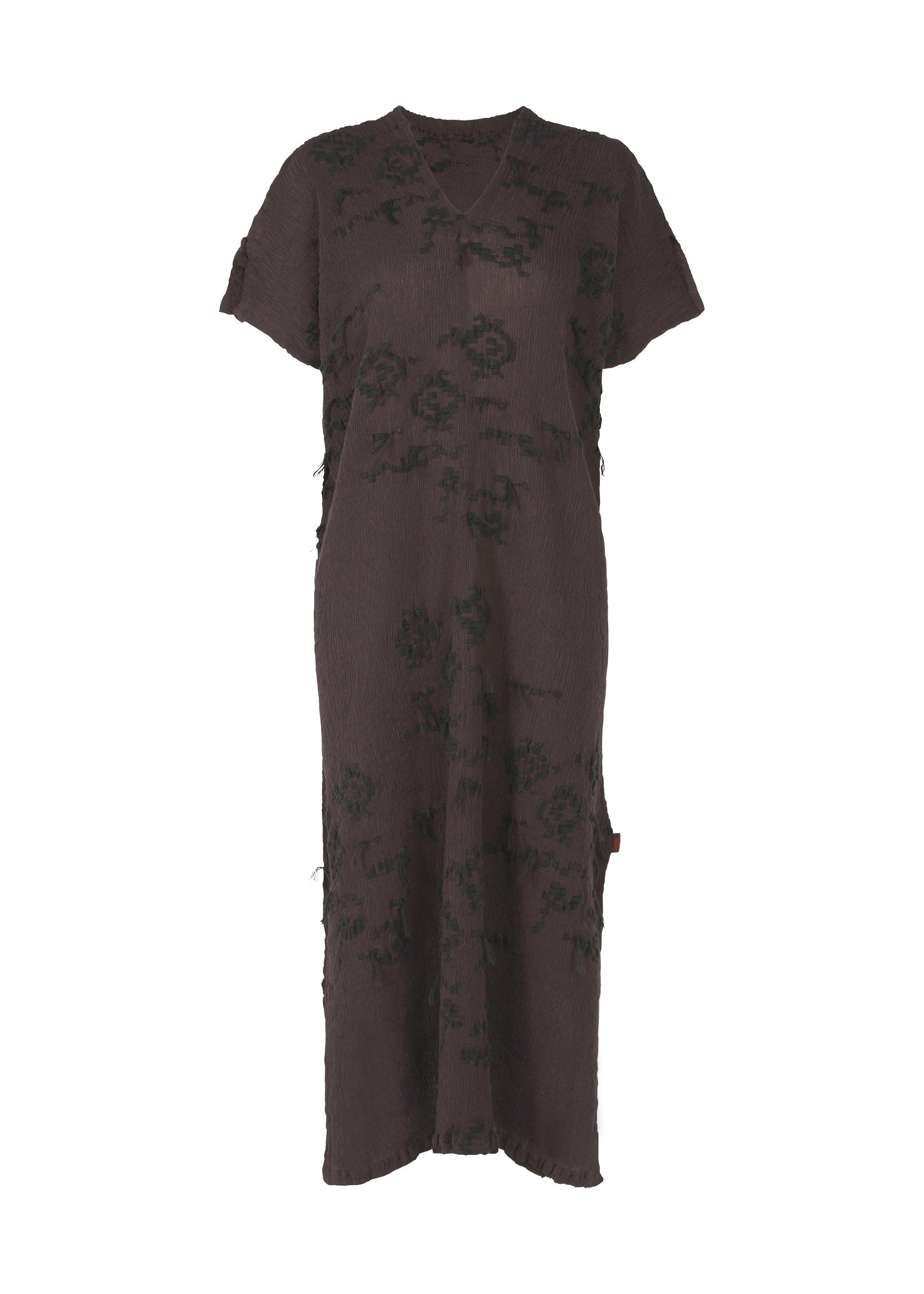 A product shot of the HAAT KYO CHIJIMI CUT LOOP dress in dark brown (45).