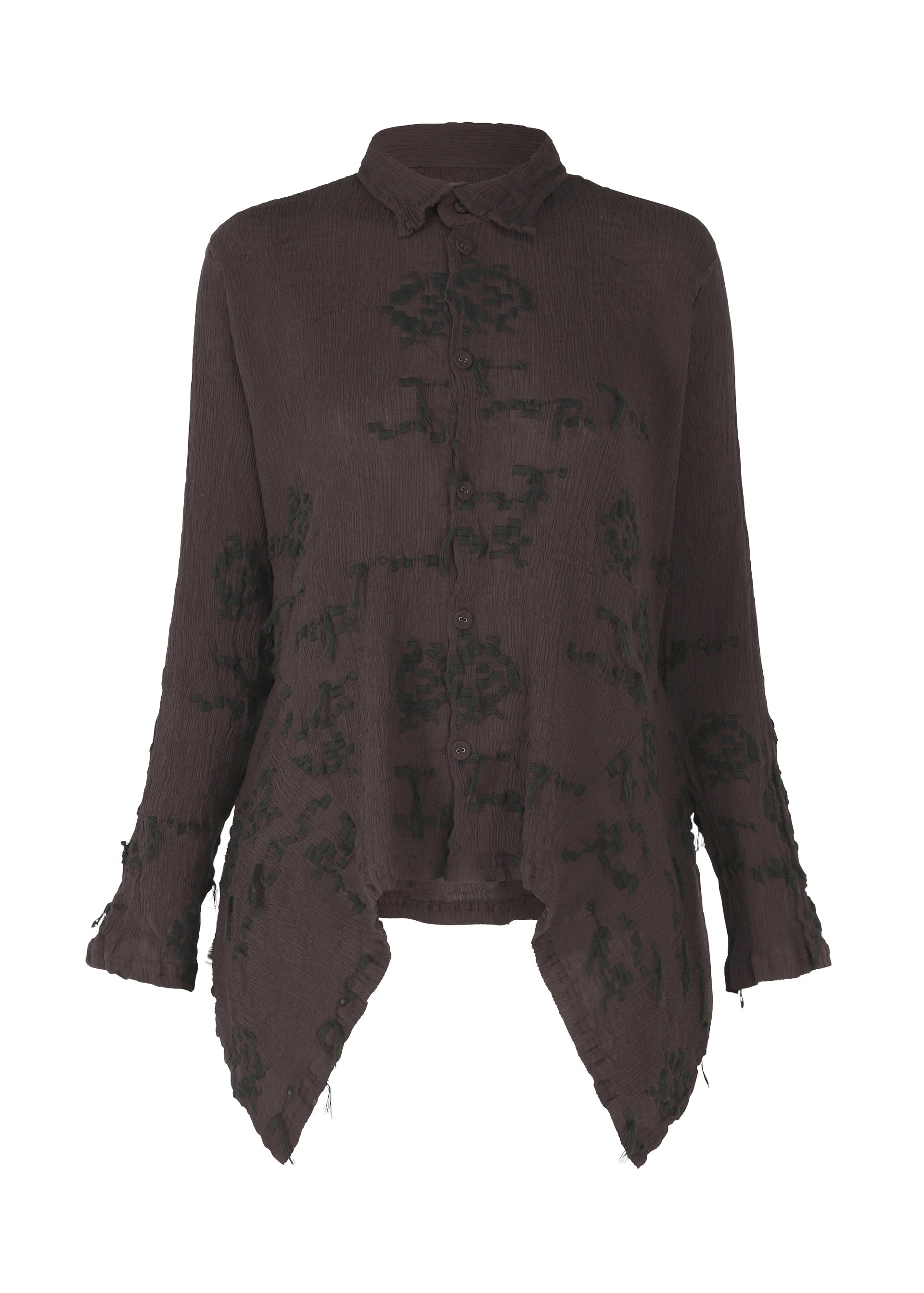 A product shot of the HAAT KYO CHIJIMI CUT LOOP shirt in dark brown (45).