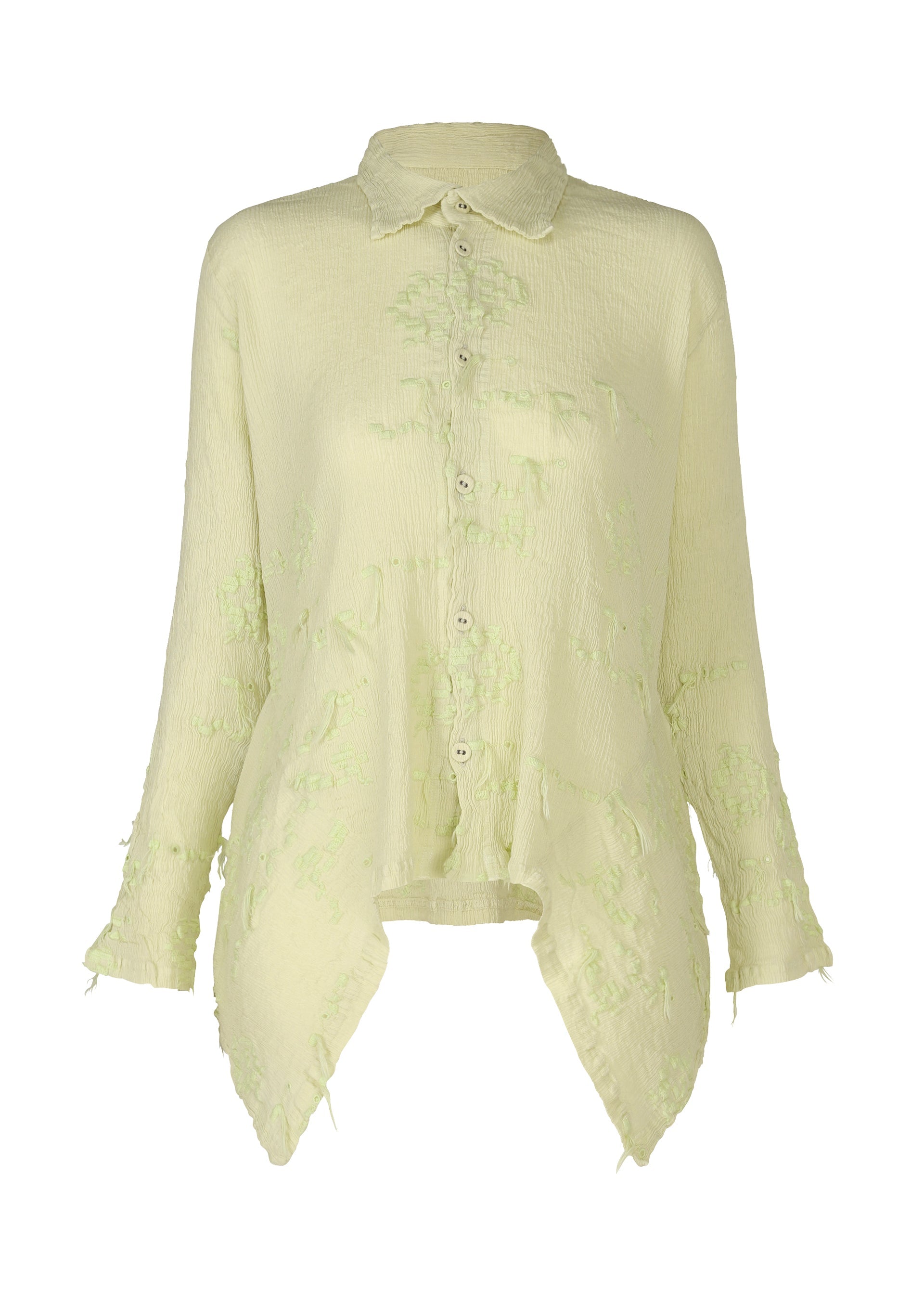 A product shot of the HAAT KYO CHIJIMI CUT LOOP shirt in pale yellow (50).
