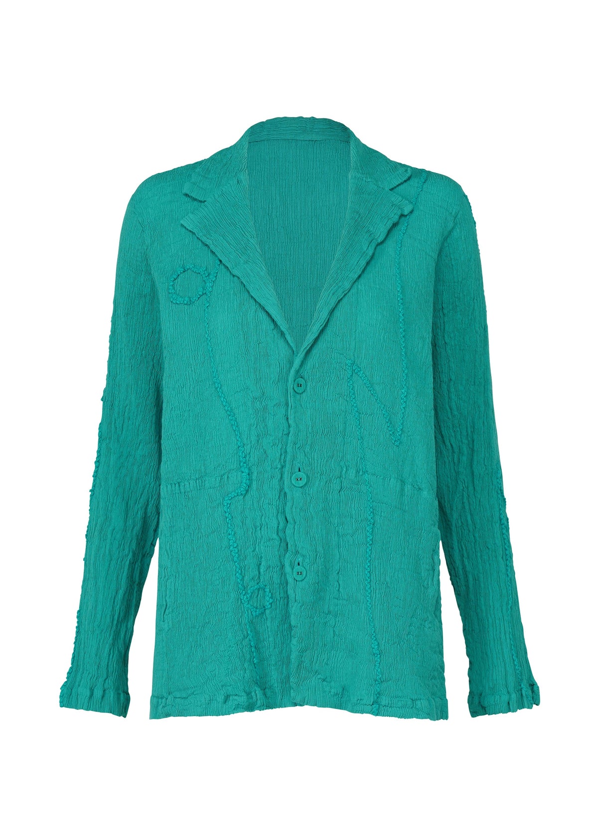 A product shot of the HAAT KYO CHIJIMI EMB jacket in peacock (63).