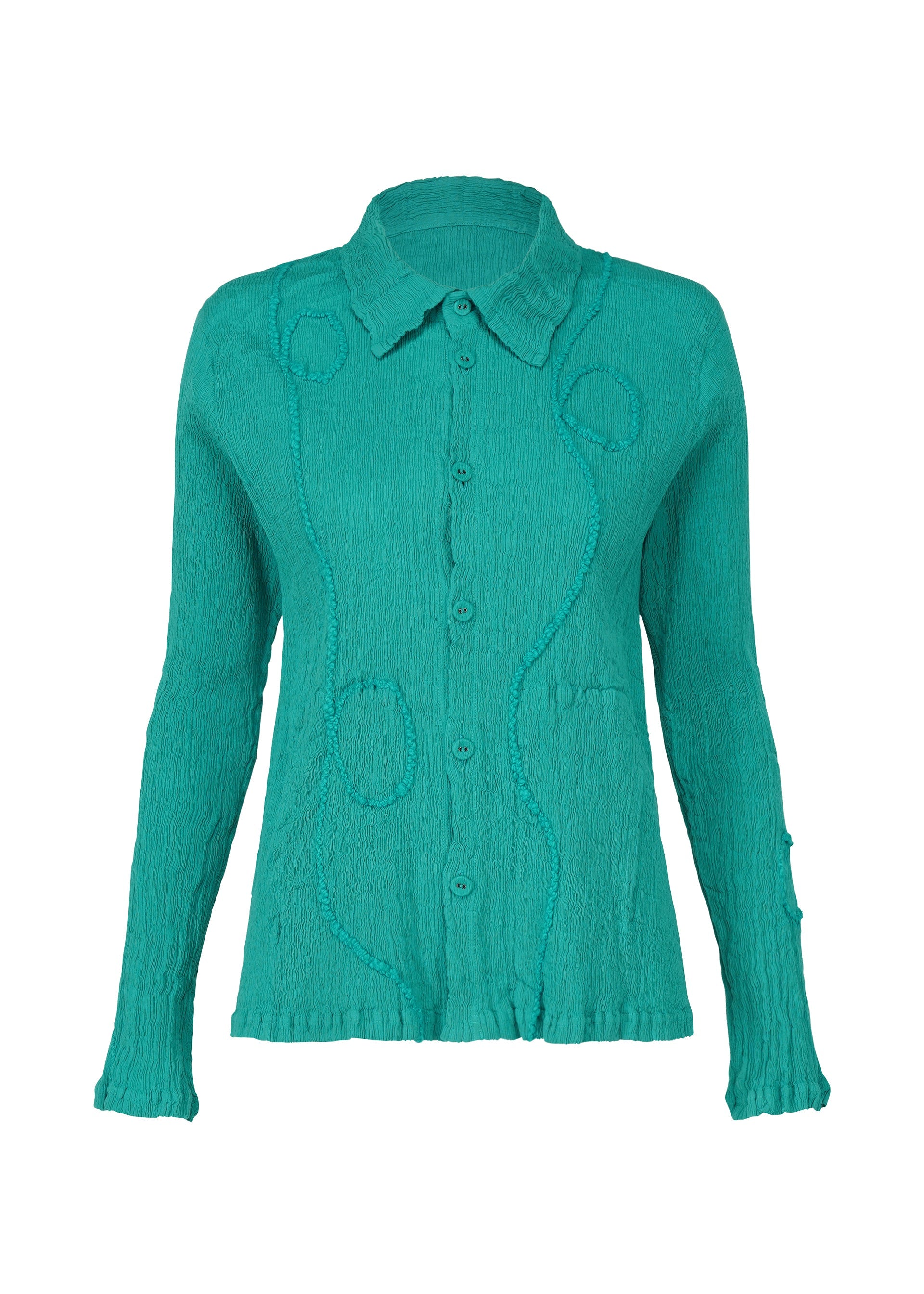 A product shot of the HAAT KYO CHIJIMI EMB jacket in peacock (63).