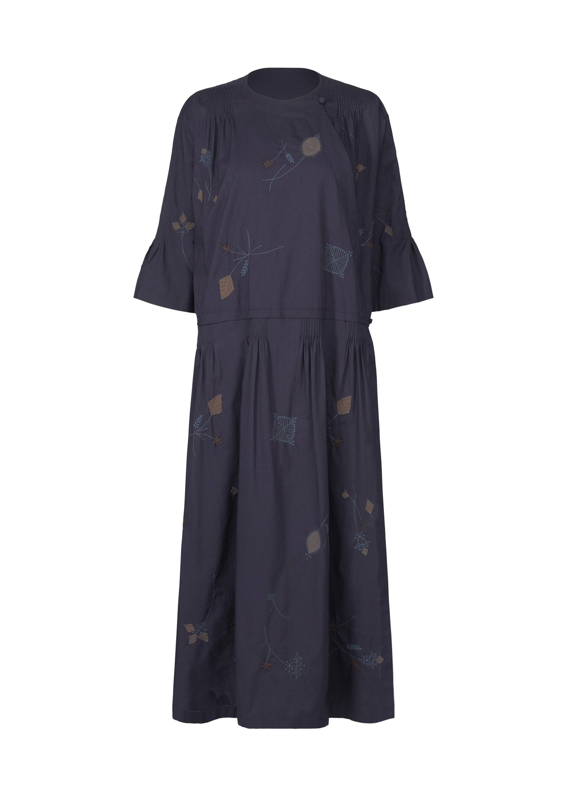 A product shot of the HAAT DAMI LEAVES dress in indigo (78).