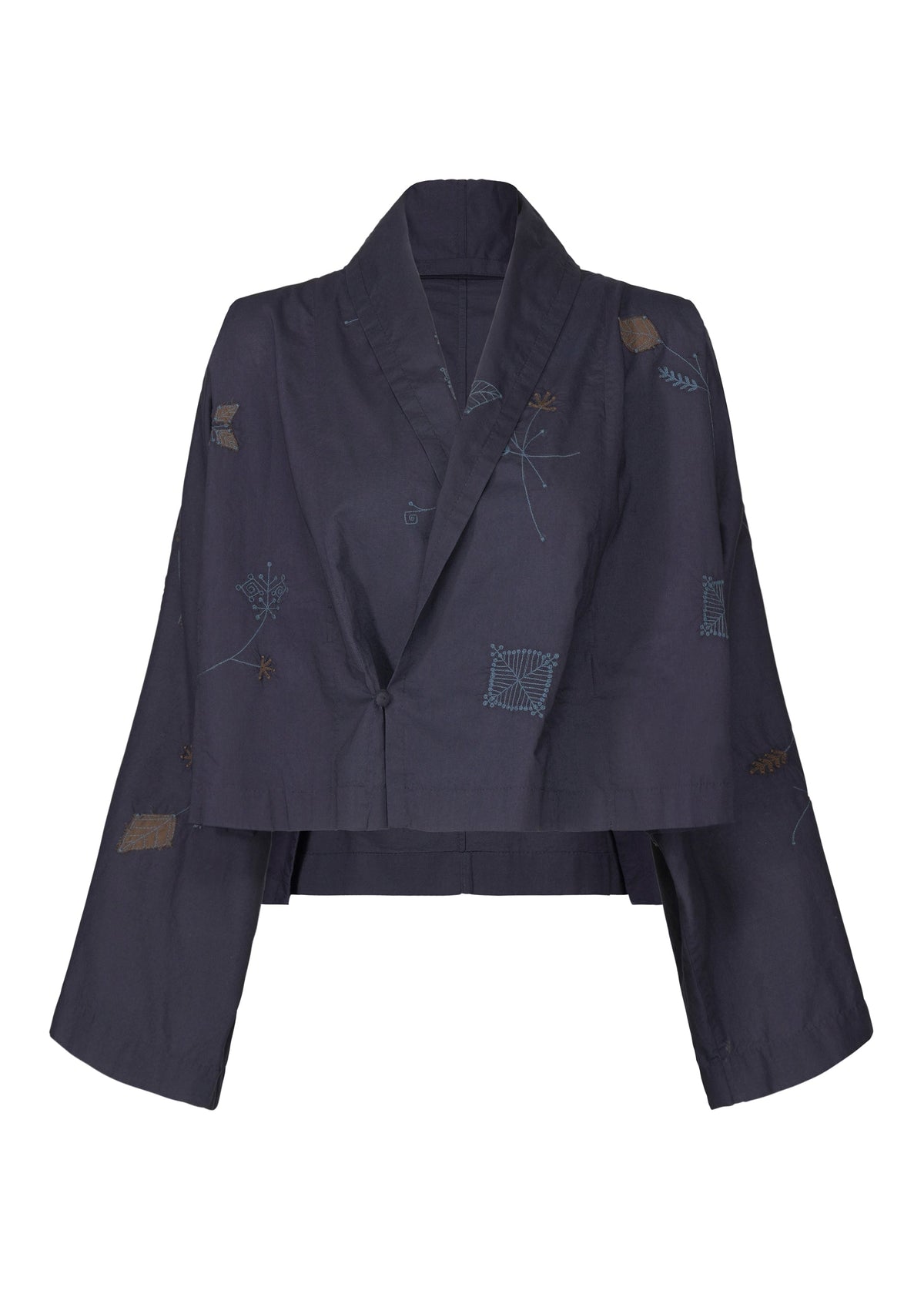 A product shot of the HAAT DAMI LEAVES cardigan in indigo (78).