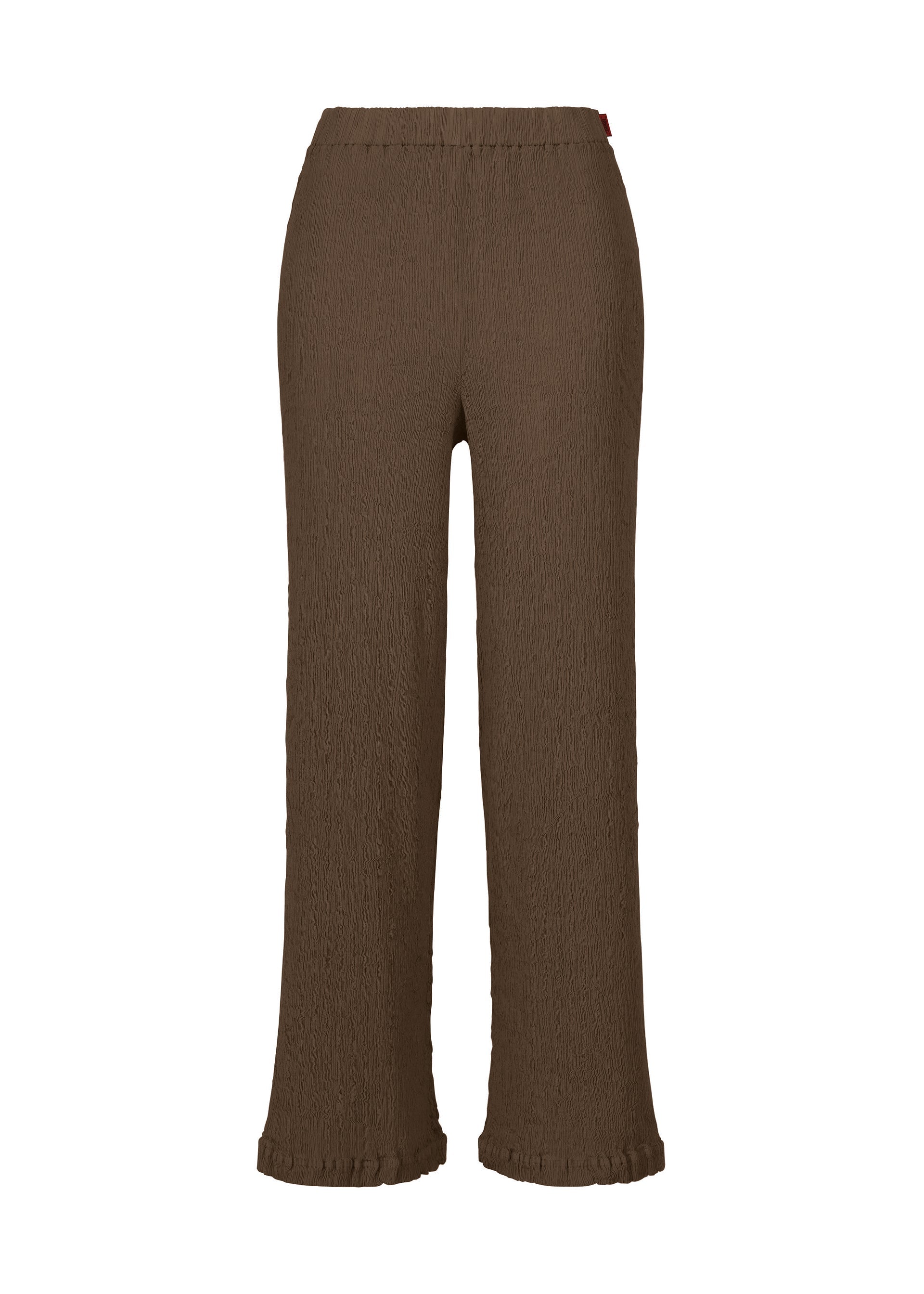 A product shot of the HaaT KYO CHIJIMI AUGUST trousers in dark brown.