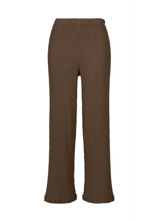 A product shot of the HaaT KYO CHIJIMI AUGUST trousers in dark brown.