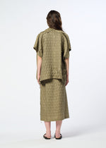 A model wears the HaaT HOLE & LINE hole-line-cardigan-khaki.