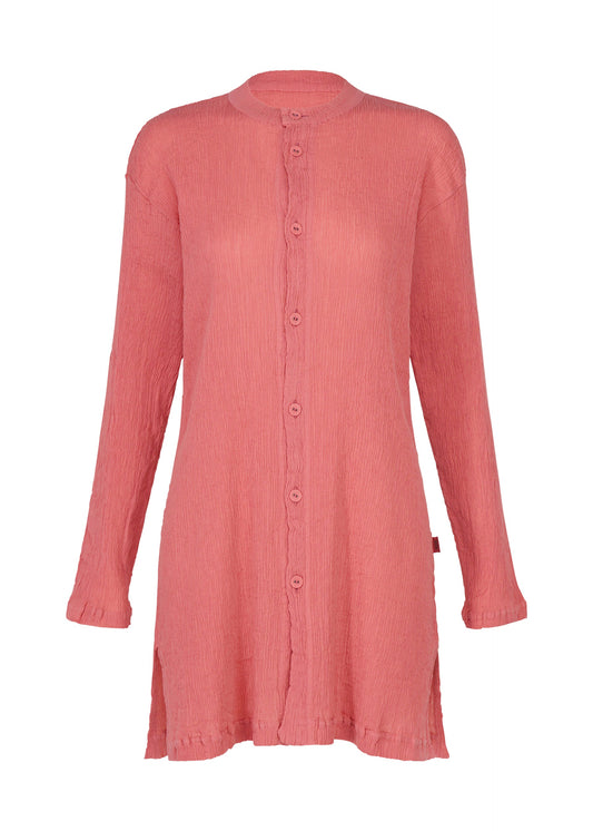 A product shot of the HaaT KYO CHIJIMI AUGUST cardigan in coral.
